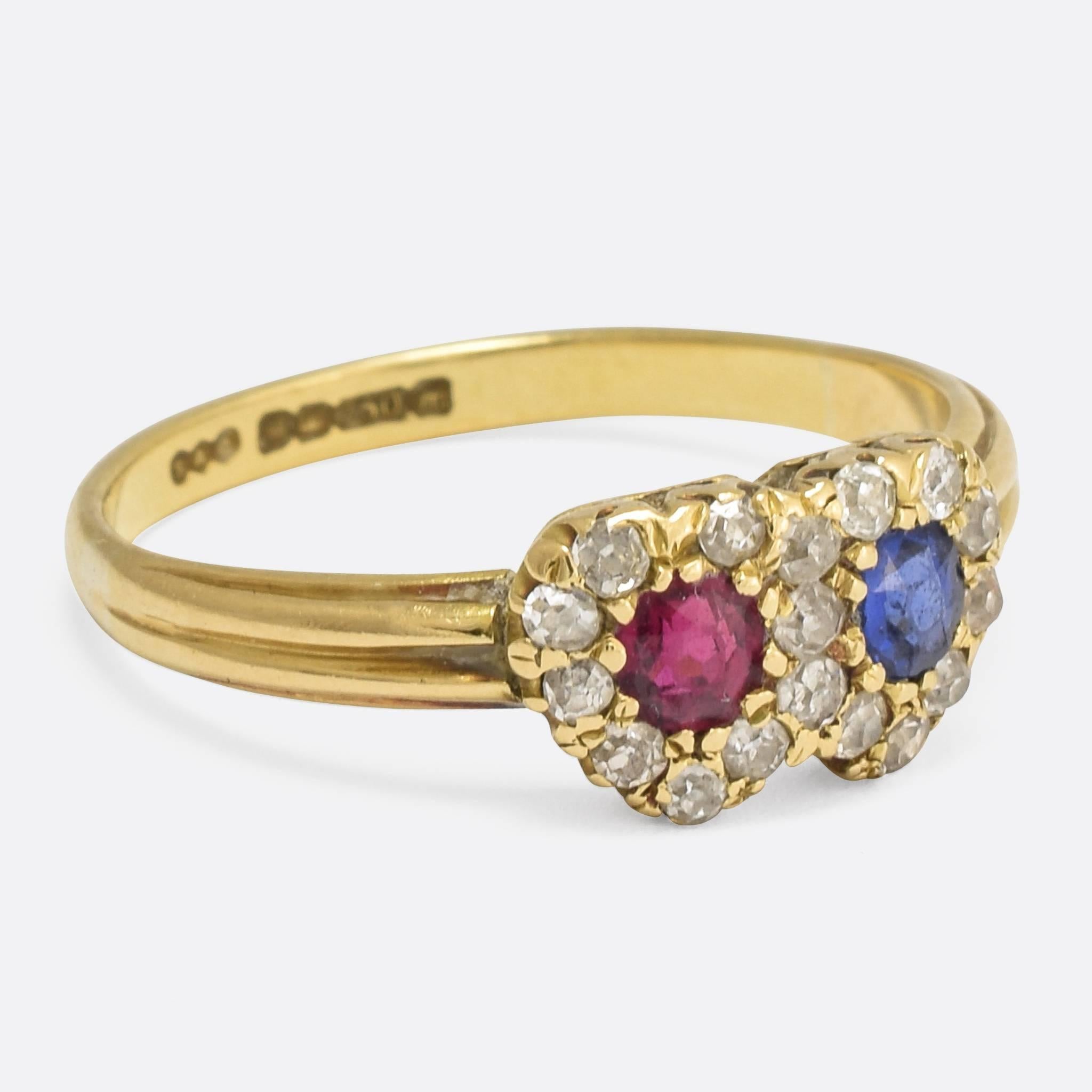 A sweet Victorian ring, fully charged with romantic sentiment. The head is modelled as a double heart - each on set with a halo of diamonds around either a blue sapphire or a ruby. Double heart rings were usually given to a bride on her wedding day,