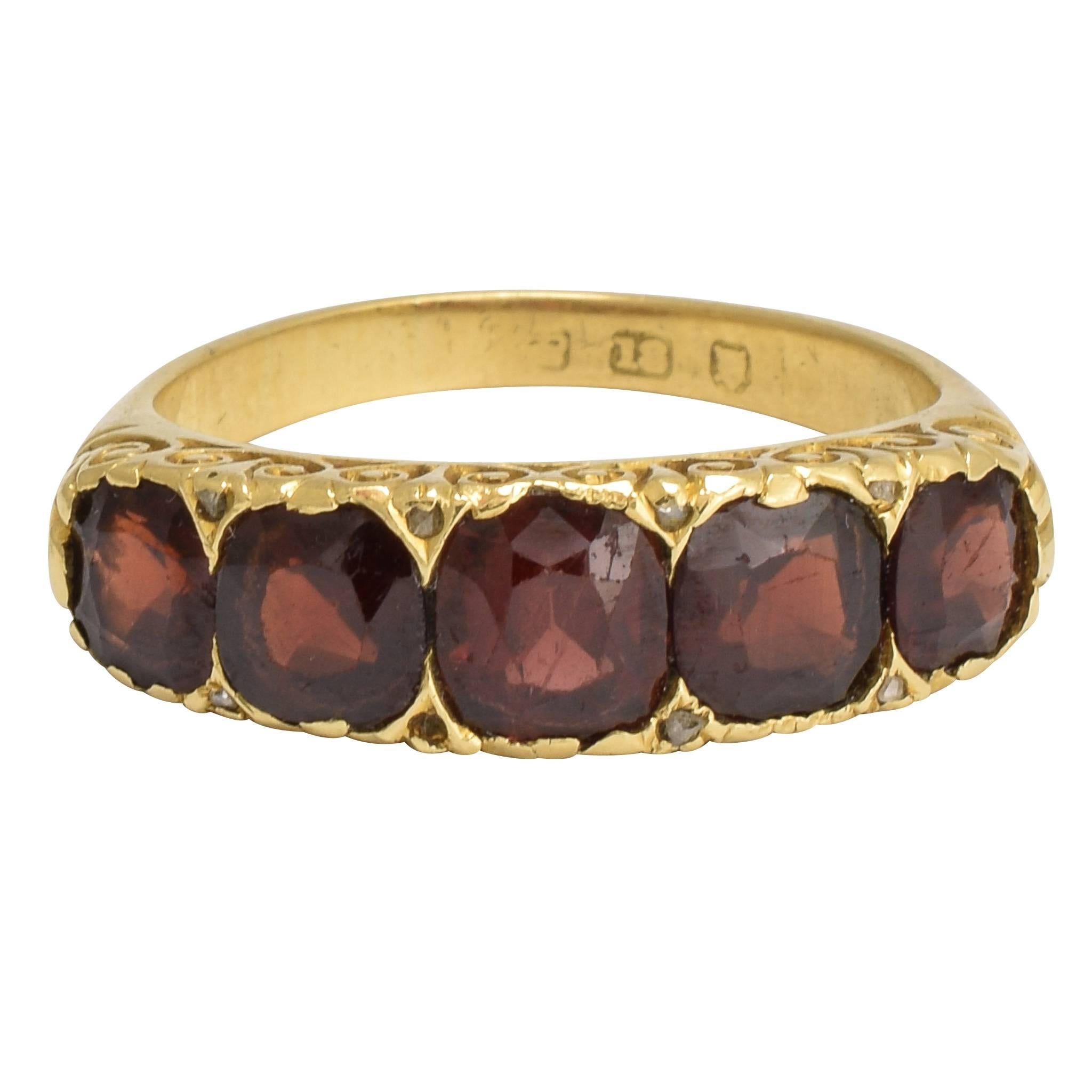Antique Mid-Victorian Garnet Diamond Five-Stone Ring