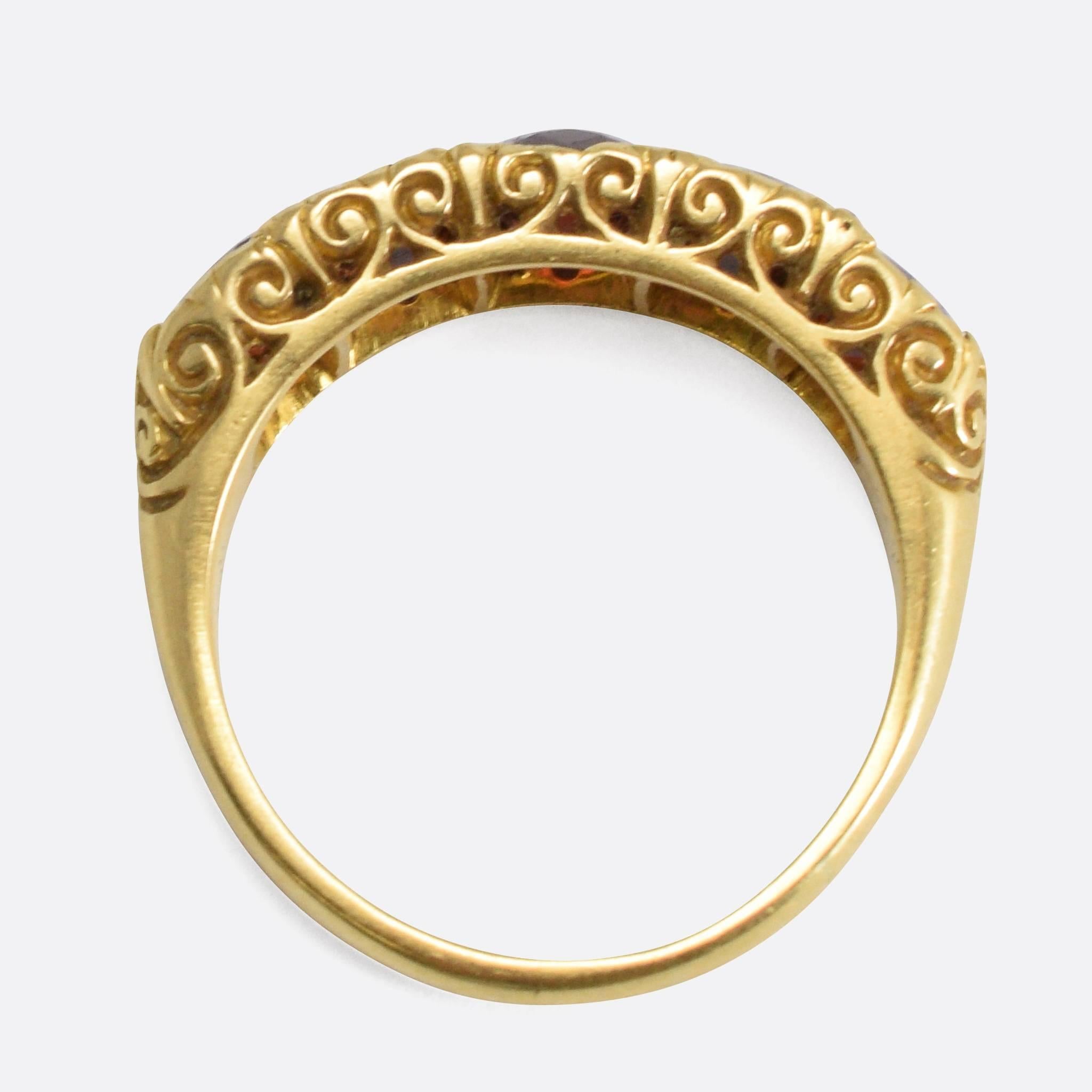 Rose Cut Antique Mid-Victorian Garnet Diamond Five-Stone Ring