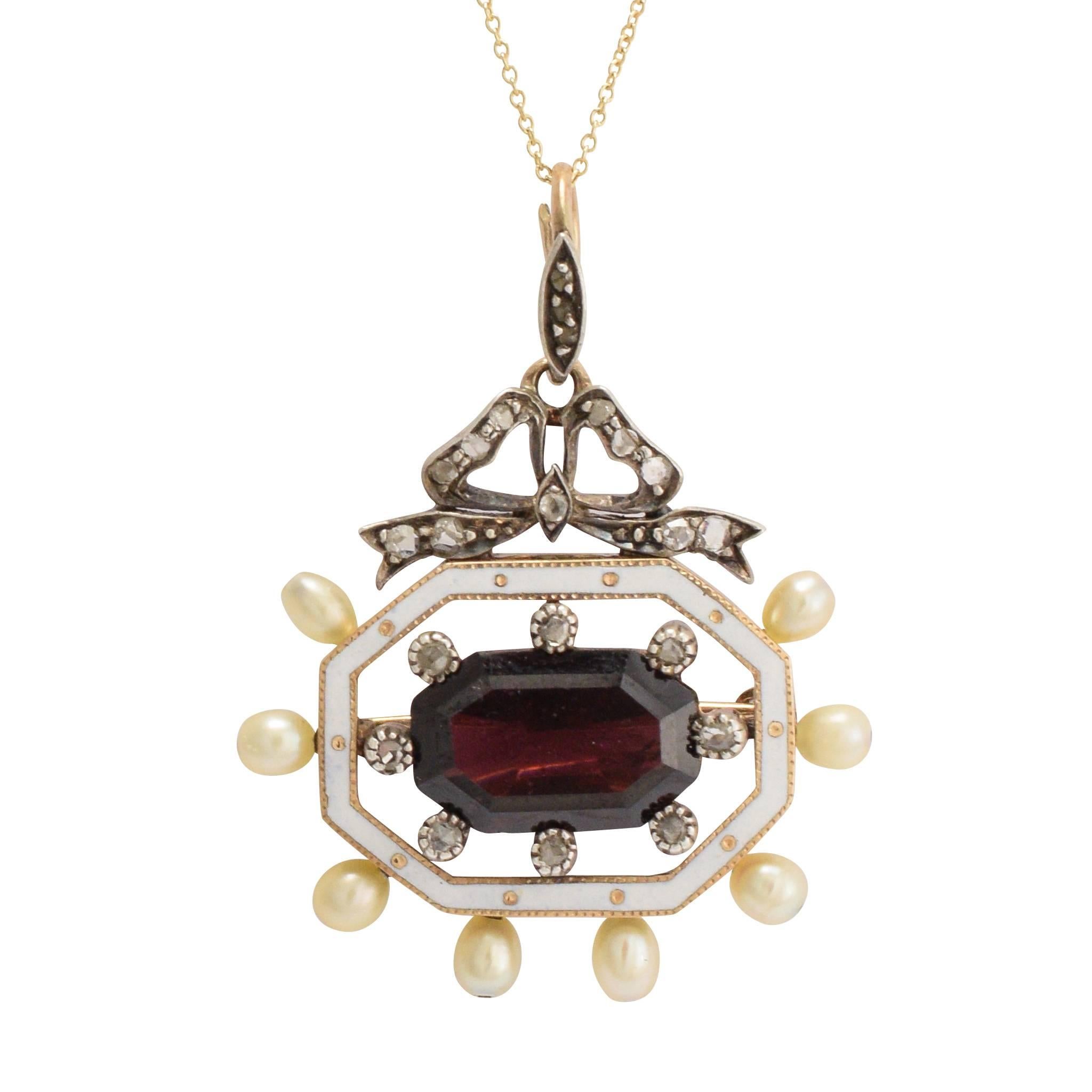 Antique Victorian Garnet Pearl Diamond Enamel Octagon Pendant