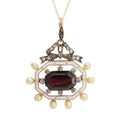 Antique Victorian Garnet Pearl Diamond Enamel Octagon Pendant