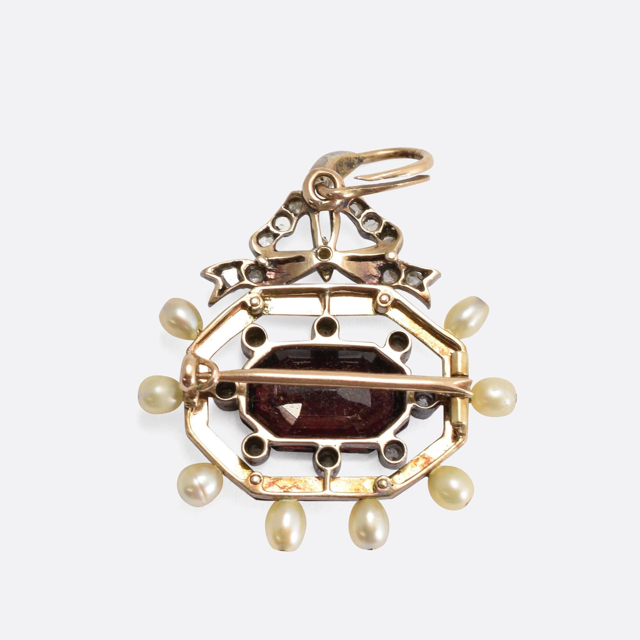 Women's Antique Victorian Garnet Pearl Diamond Enamel Octagon Pendant