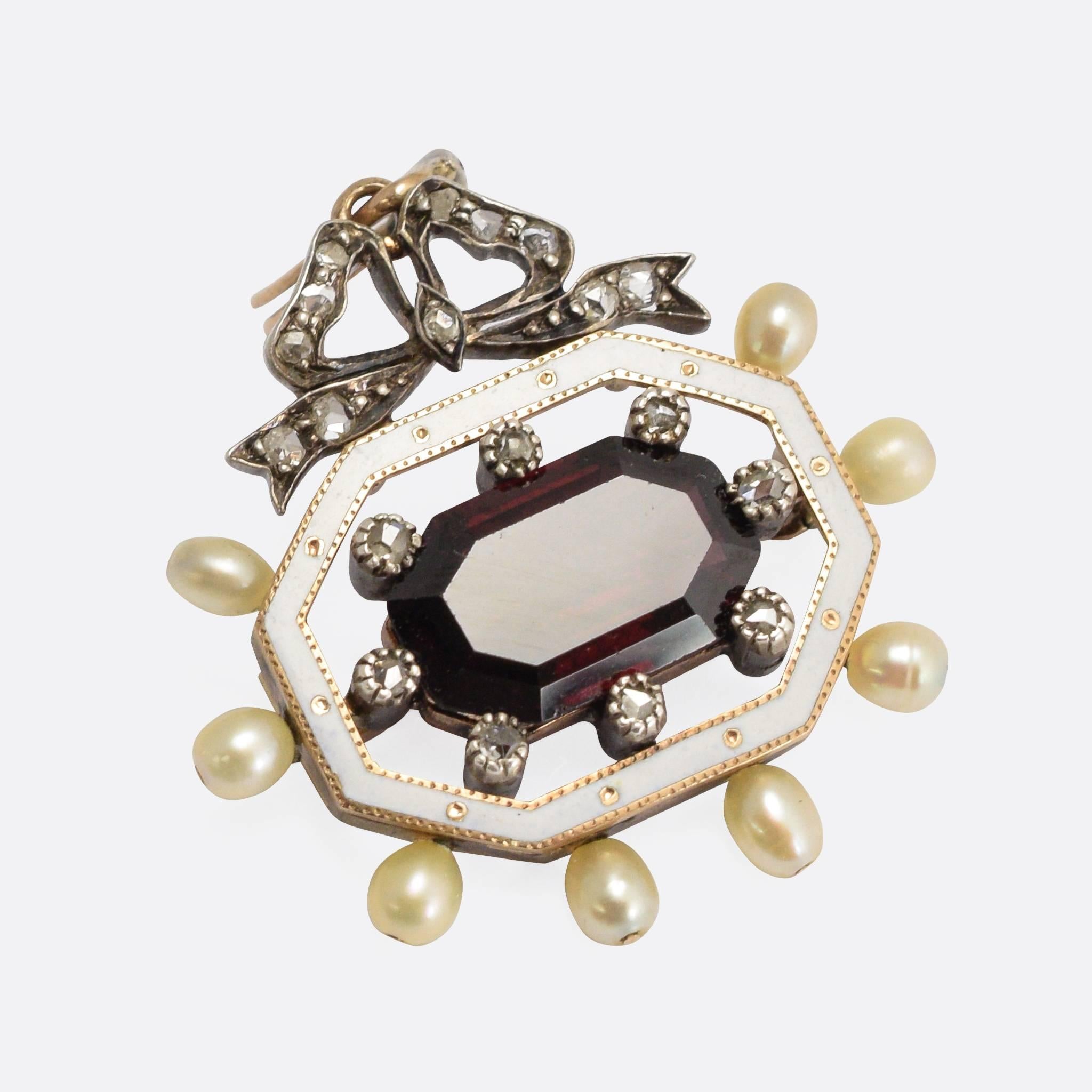 Antique Victorian Garnet Pearl Diamond Enamel Octagon Pendant 1