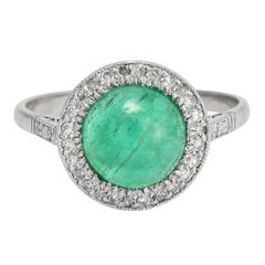 1920s Art Deco Emerald Cabochon Diamond Halo Ring 8