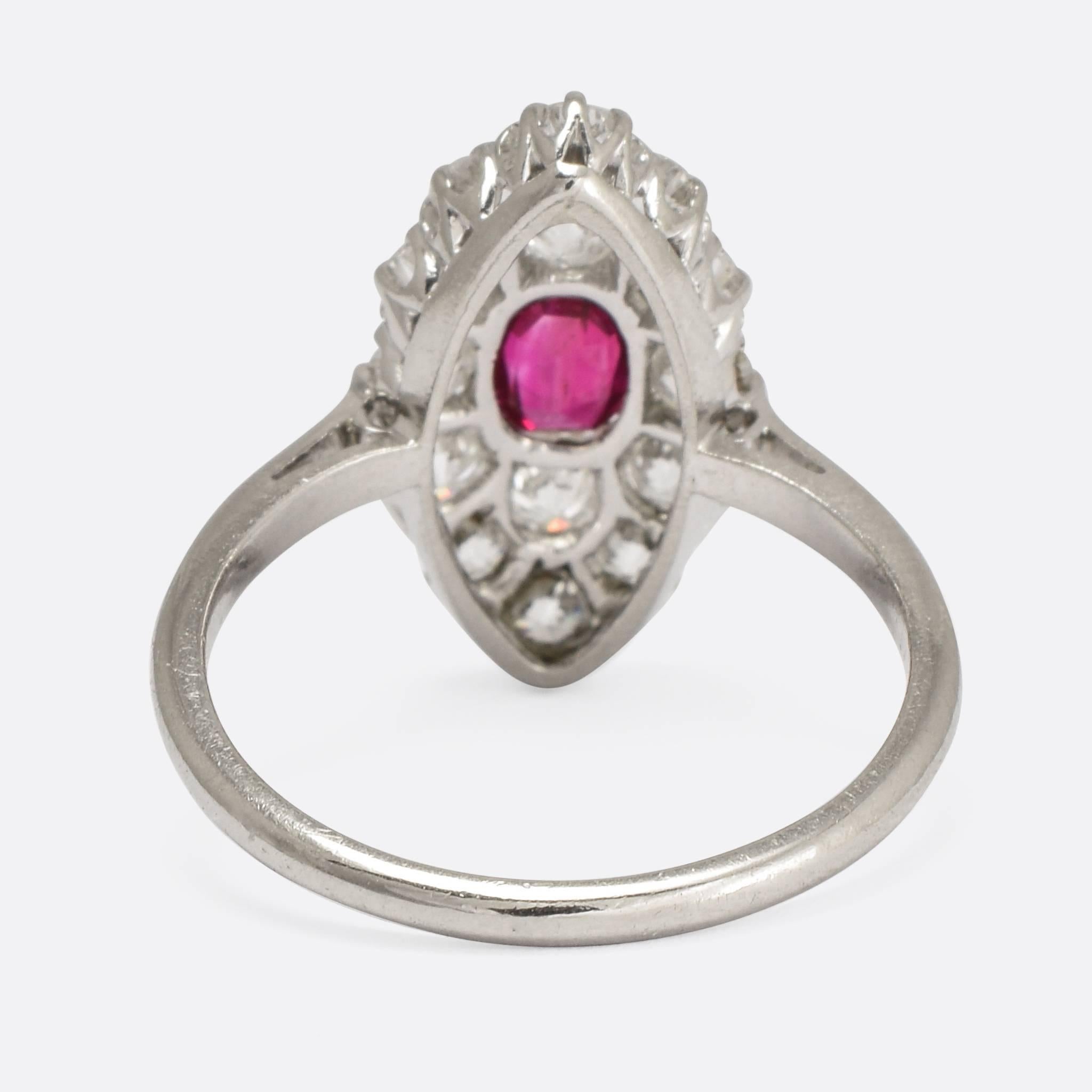 Marquise Cut Antique Edwardian Ruby Diamond Platinum Marquise Cluster Ring