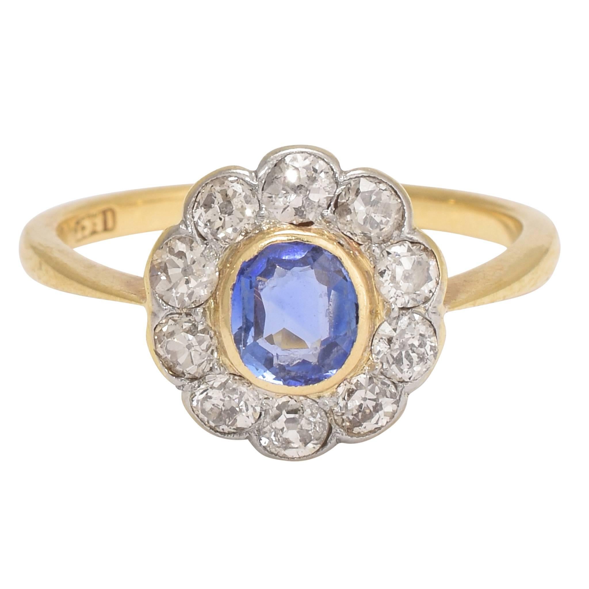Antique Edwardian Sapphire Diamond Yellow Gold Platinum Cluster Engagement Ring