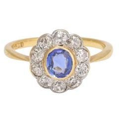 Antique Edwardian Sapphire Diamond Yellow Gold Platinum Cluster Engagement Ring 4