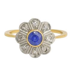 Art Deco Blue Sapphire and Diamond Daisy Ring