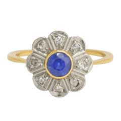 Antique Art Deco Blue Sapphire and Diamond Daisy Ring