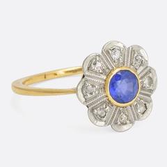 Art Deco Blue Sapphire and Diamond Daisy Ring