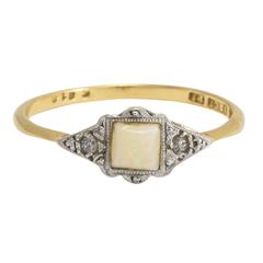 Art Deco Opal Diamond Millegrain Ring