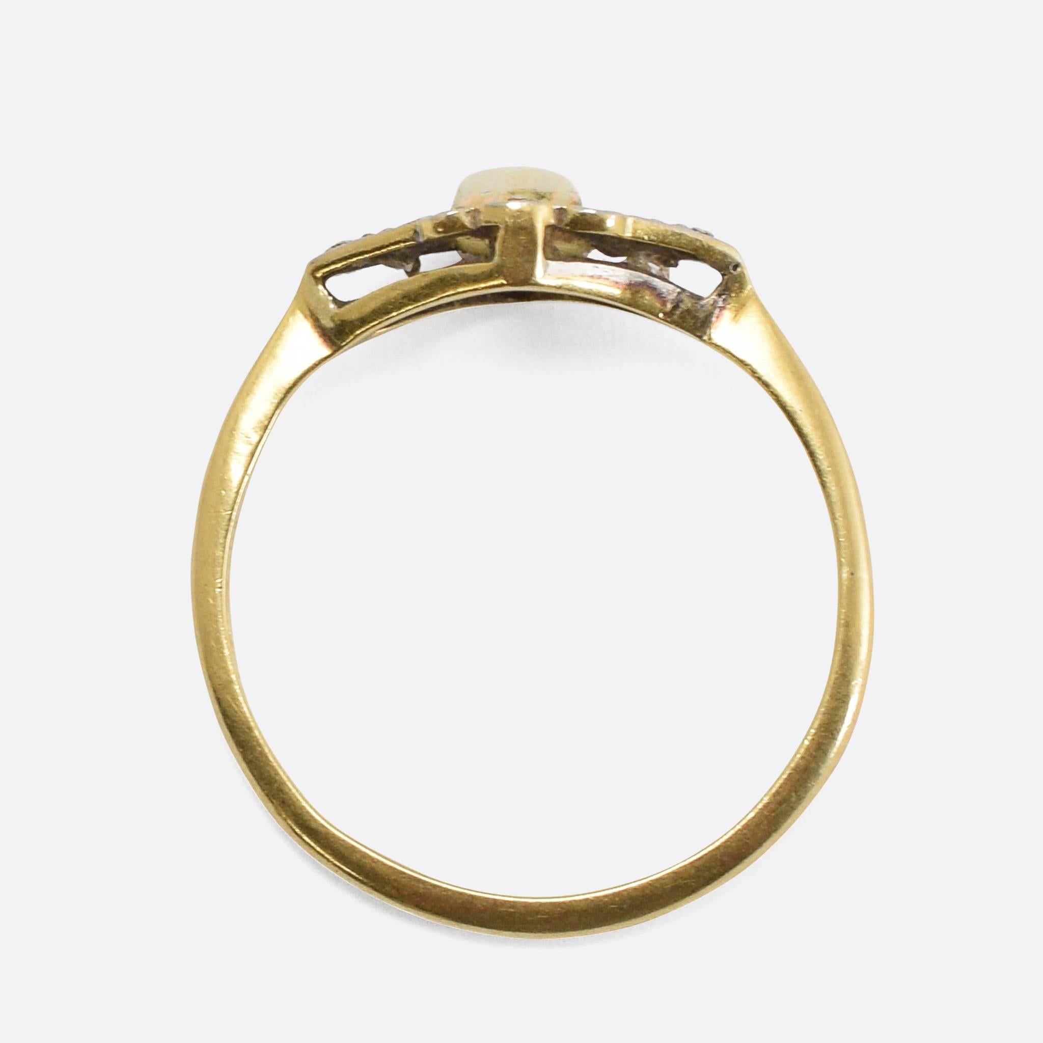Women's Art Deco Opal Diamond Millegrain Ring
