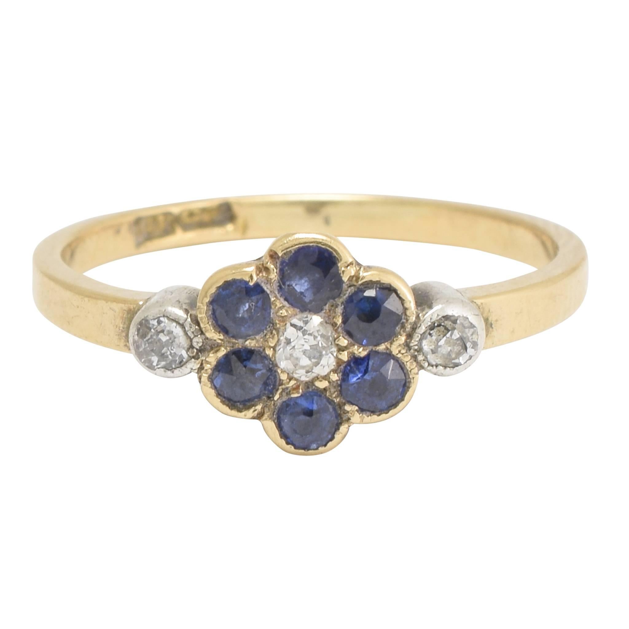 Edwardian Blue Sapphire and Diamond Flower Ring
