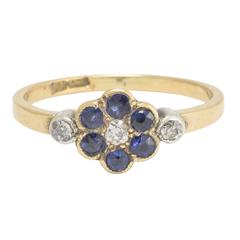 Antique Edwardian Blue Sapphire and Diamond Flower Ring