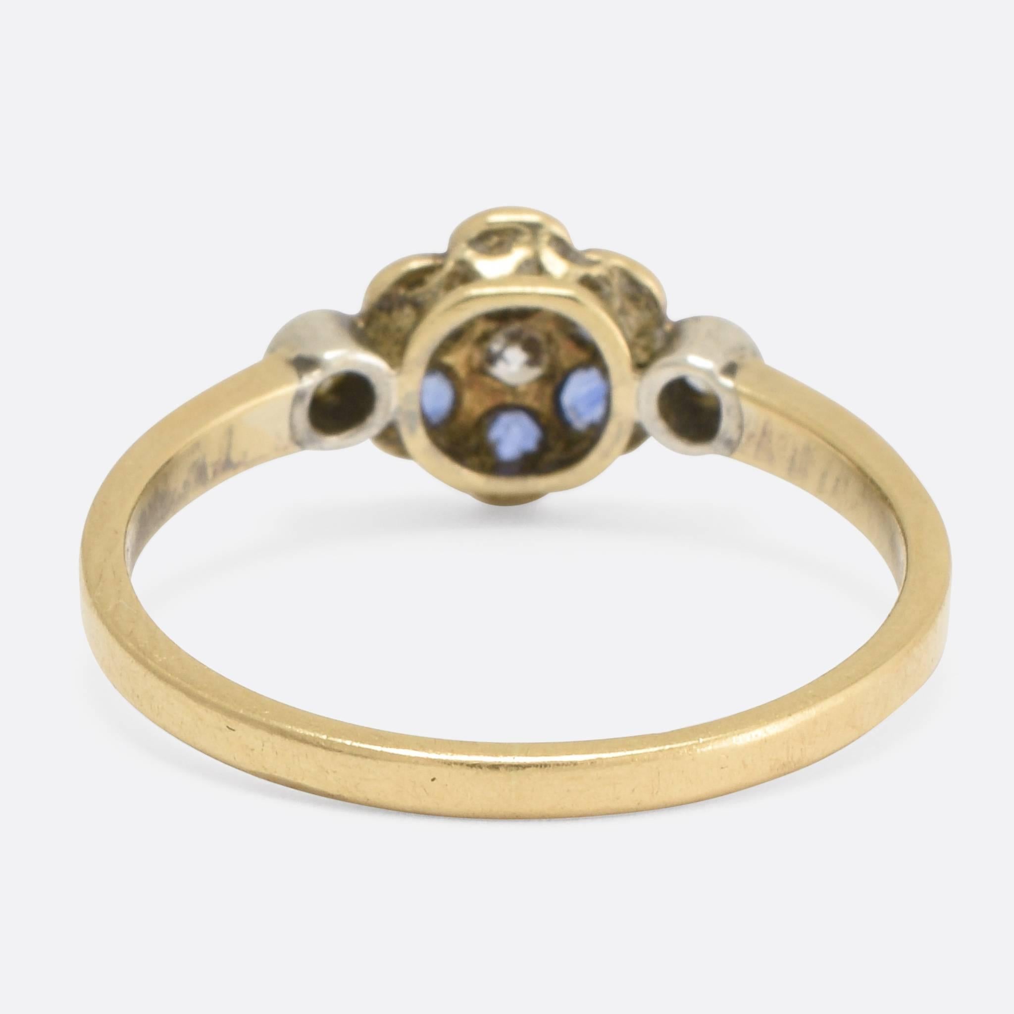 Edwardian Blue Sapphire and Diamond Flower Ring In Excellent Condition In Sale, Cheshire