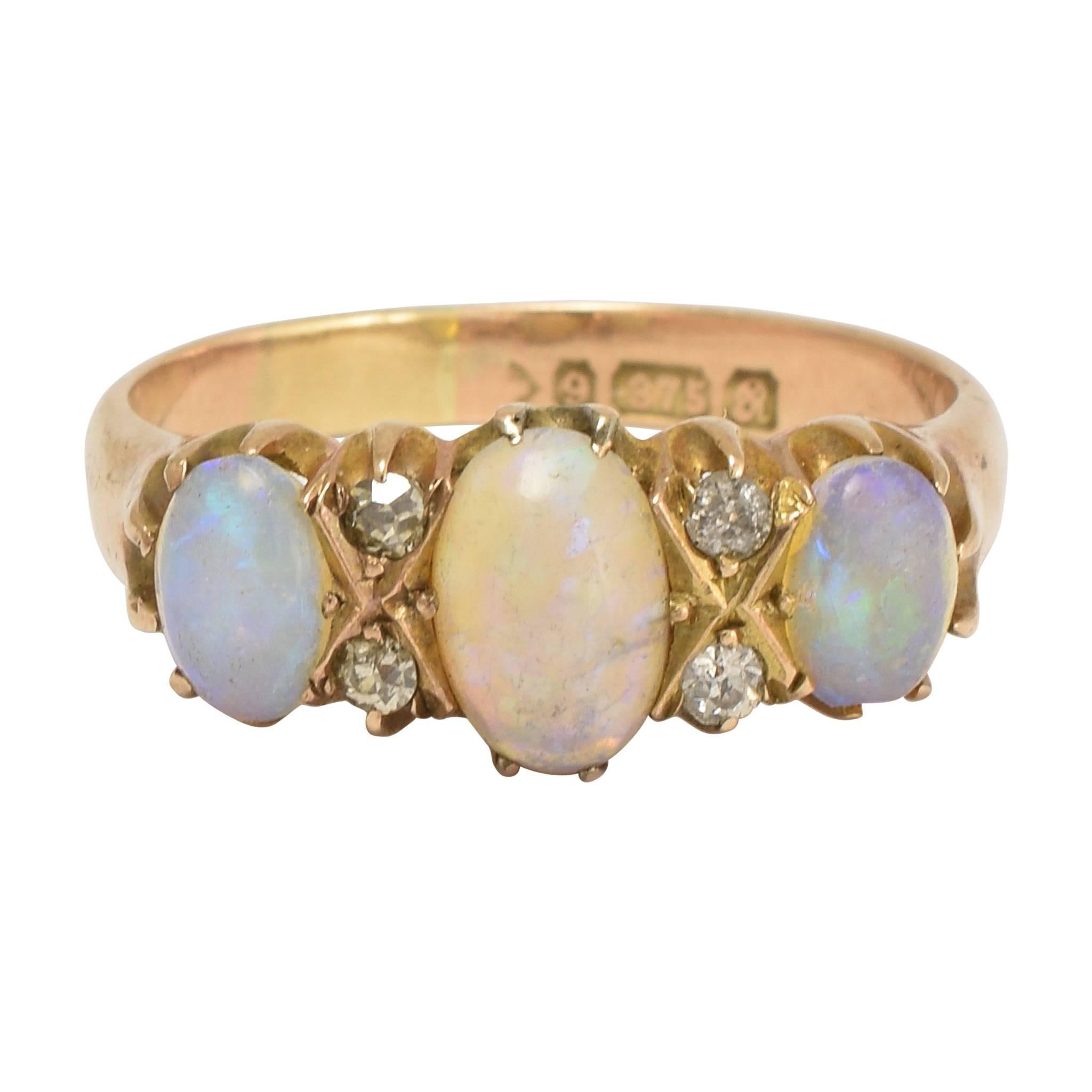 Antique Edwardian Opal Diamond Three-Stone Gold Ring