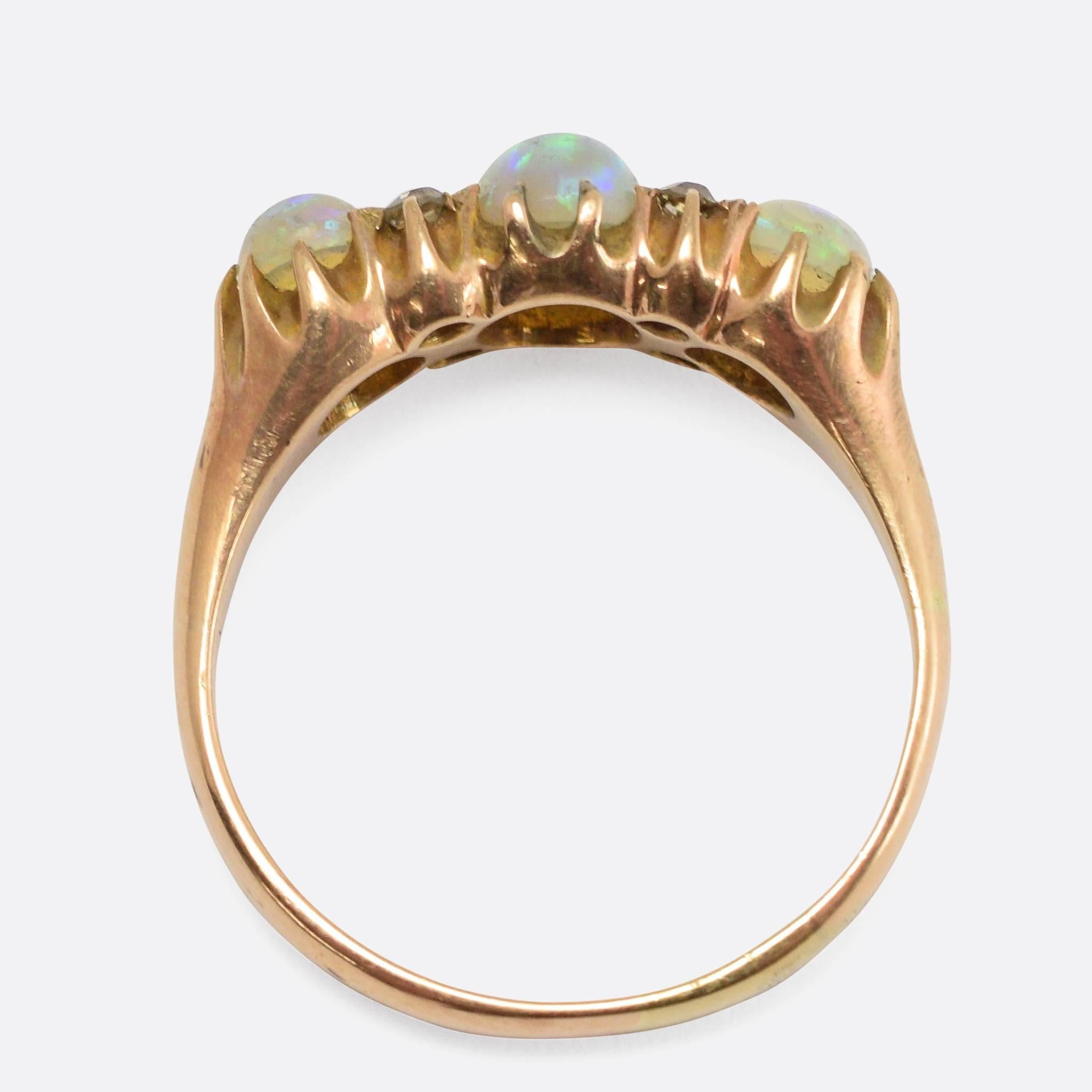 Women's Antique Edwardian Opal Diamond Three-Stone Gold Ring