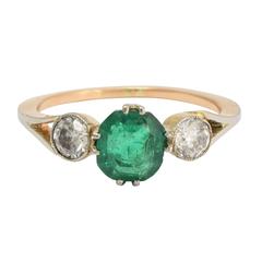 Antique Edwardian Emerald Diamond Three-Stone Ring