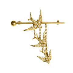 Late Victorian Pearl "Diving Swallows" Gold Bar Brooch