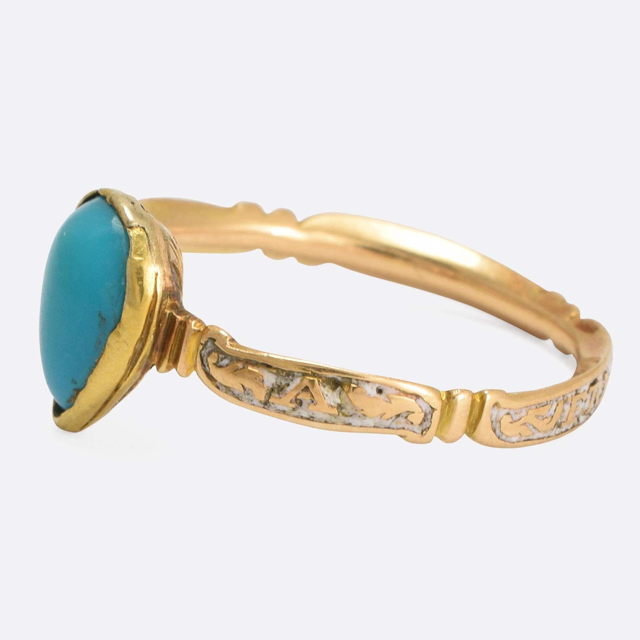 A most unusual 18th Century sentimental ring, the white enamelled rococo style band with the words 'A Friend's Heart'. The head is set with a natural heart shaped turquoise cabochon, and the back features the fine fluted detail associated with the