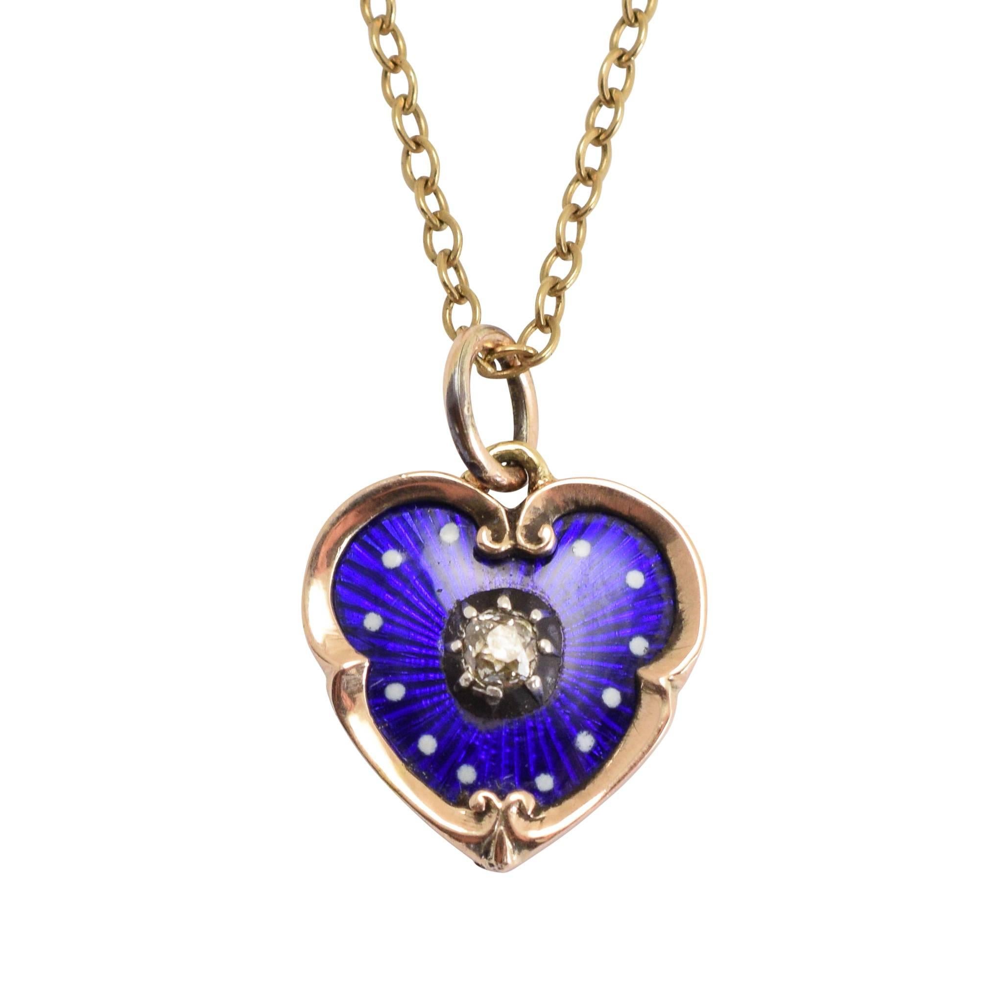 Antique Victorian Blue Enamel Diamond Heart Charm Pendant
