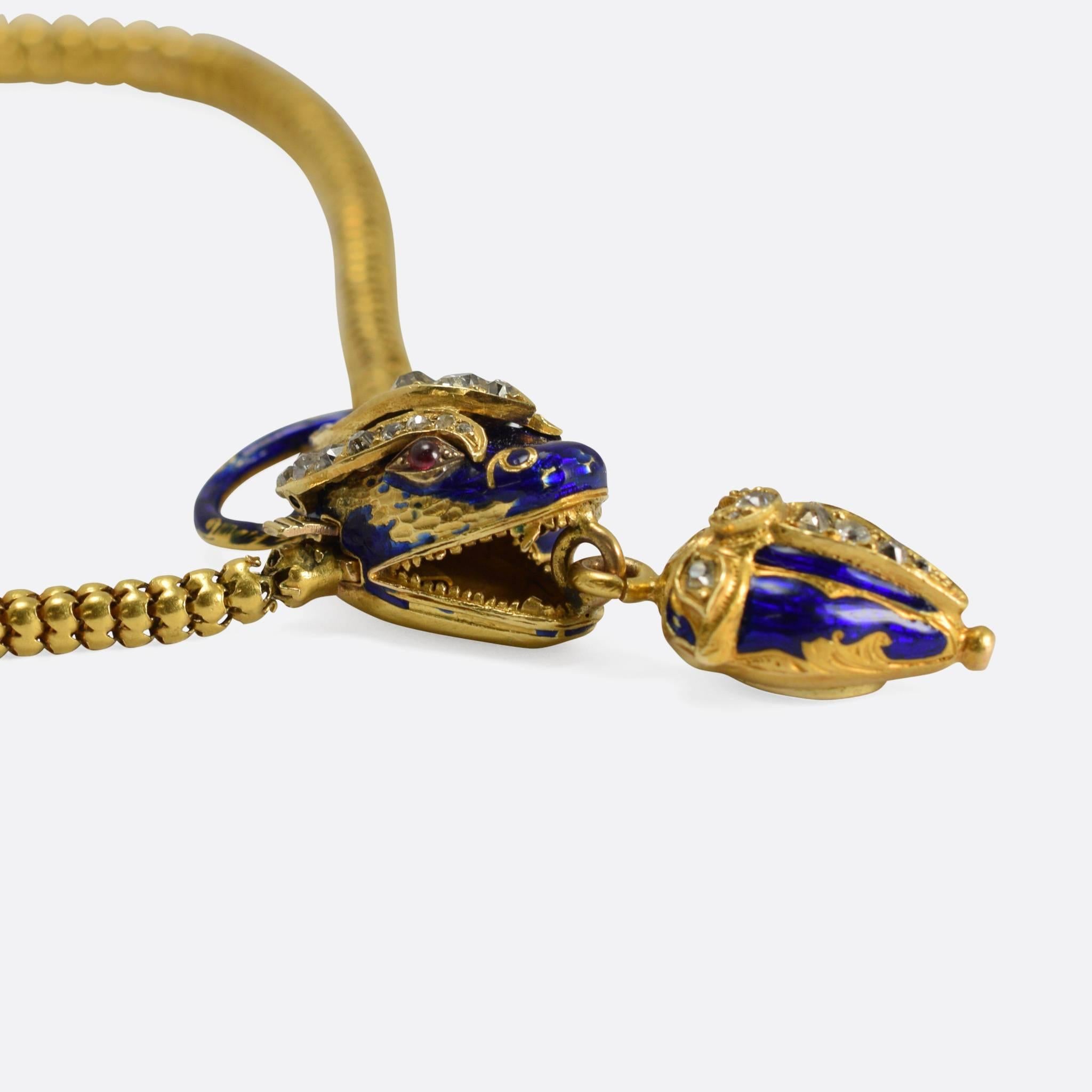 Mid-Victorian Diamond Ruby Blue Enamel Snake Collar 1