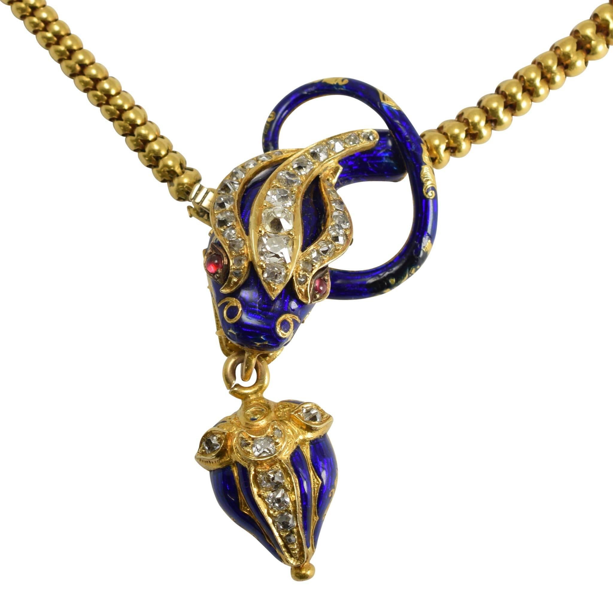 Mid-Victorian Diamond Ruby Blue Enamel Snake Collar