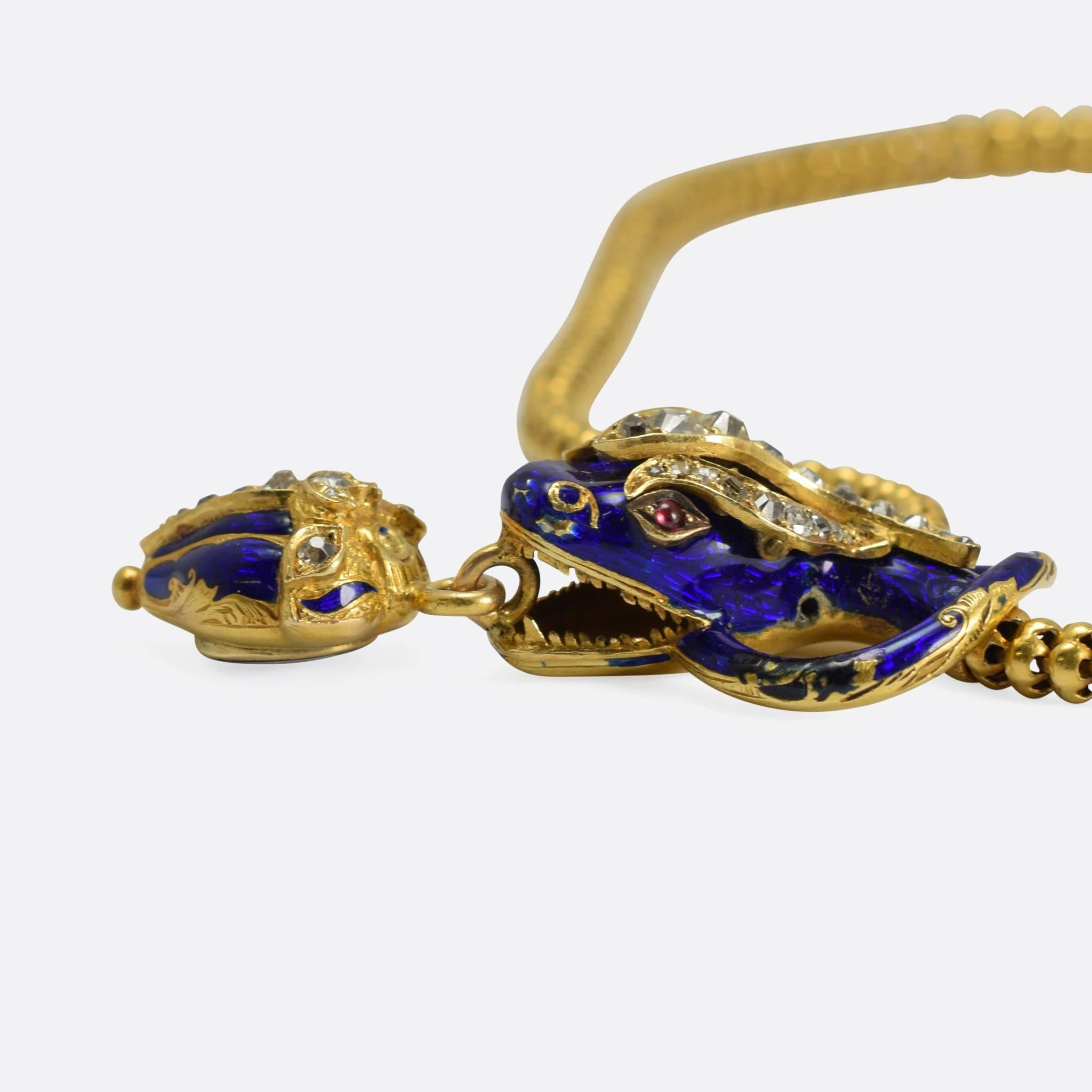 Women's Mid-Victorian Diamond Ruby Blue Enamel Snake Collar