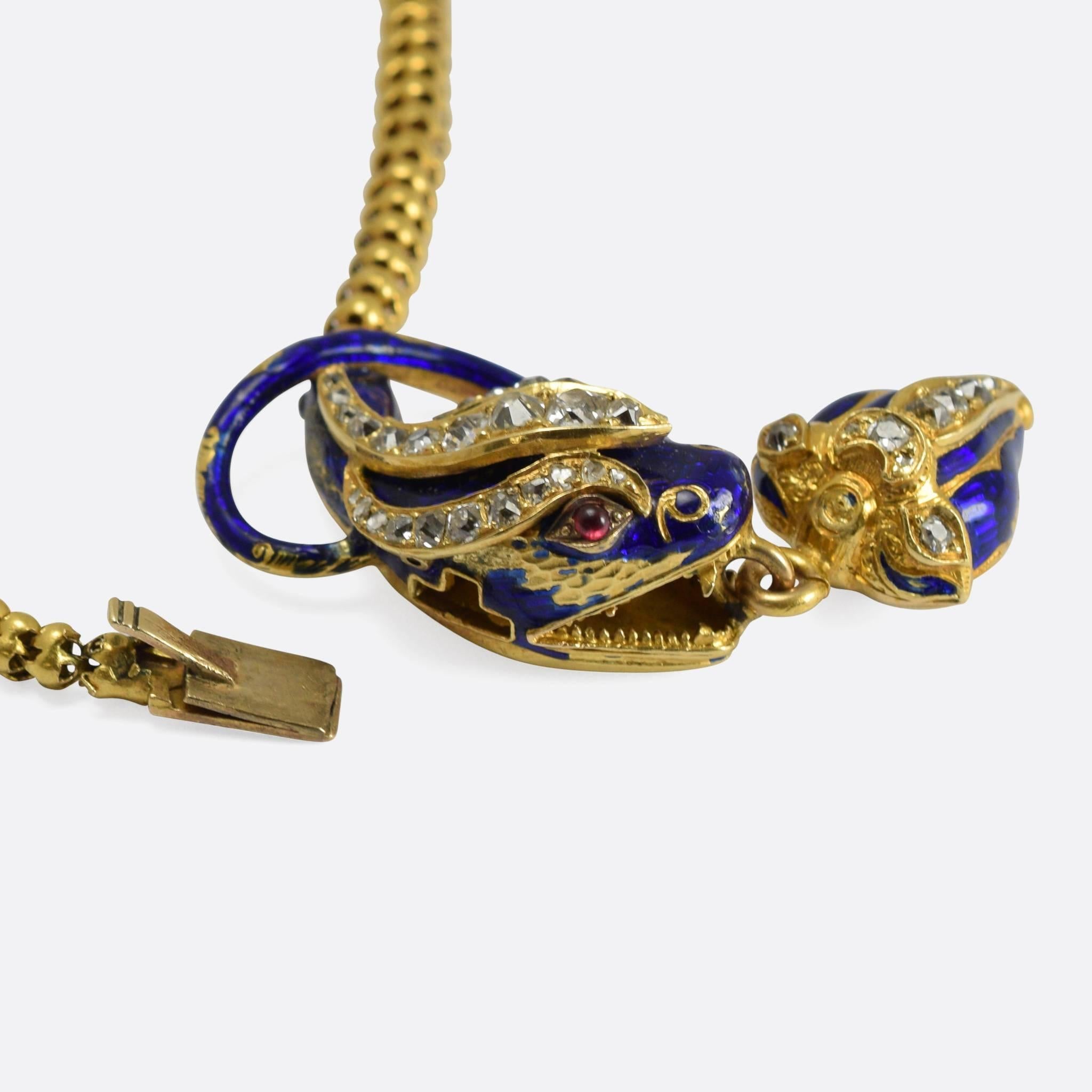 Mid-Victorian Diamond Ruby Blue Enamel Snake Collar In Good Condition In Sale, Cheshire