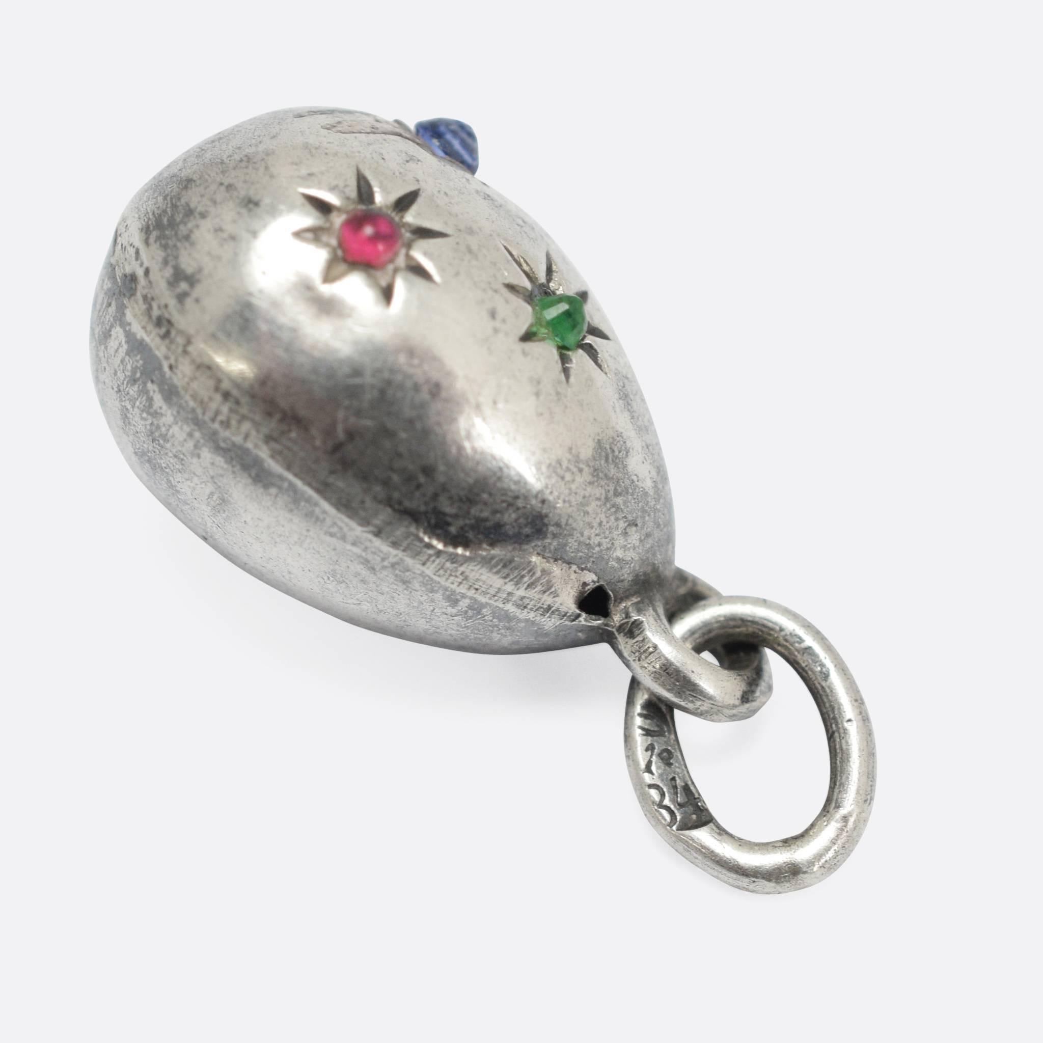 Silver Russian Multigem Set Miniature Egg Pendant In Excellent Condition In Sale, Cheshire