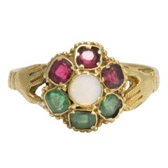 Antique 1860s Victorian Opal Emerald Garnet Fede Ring