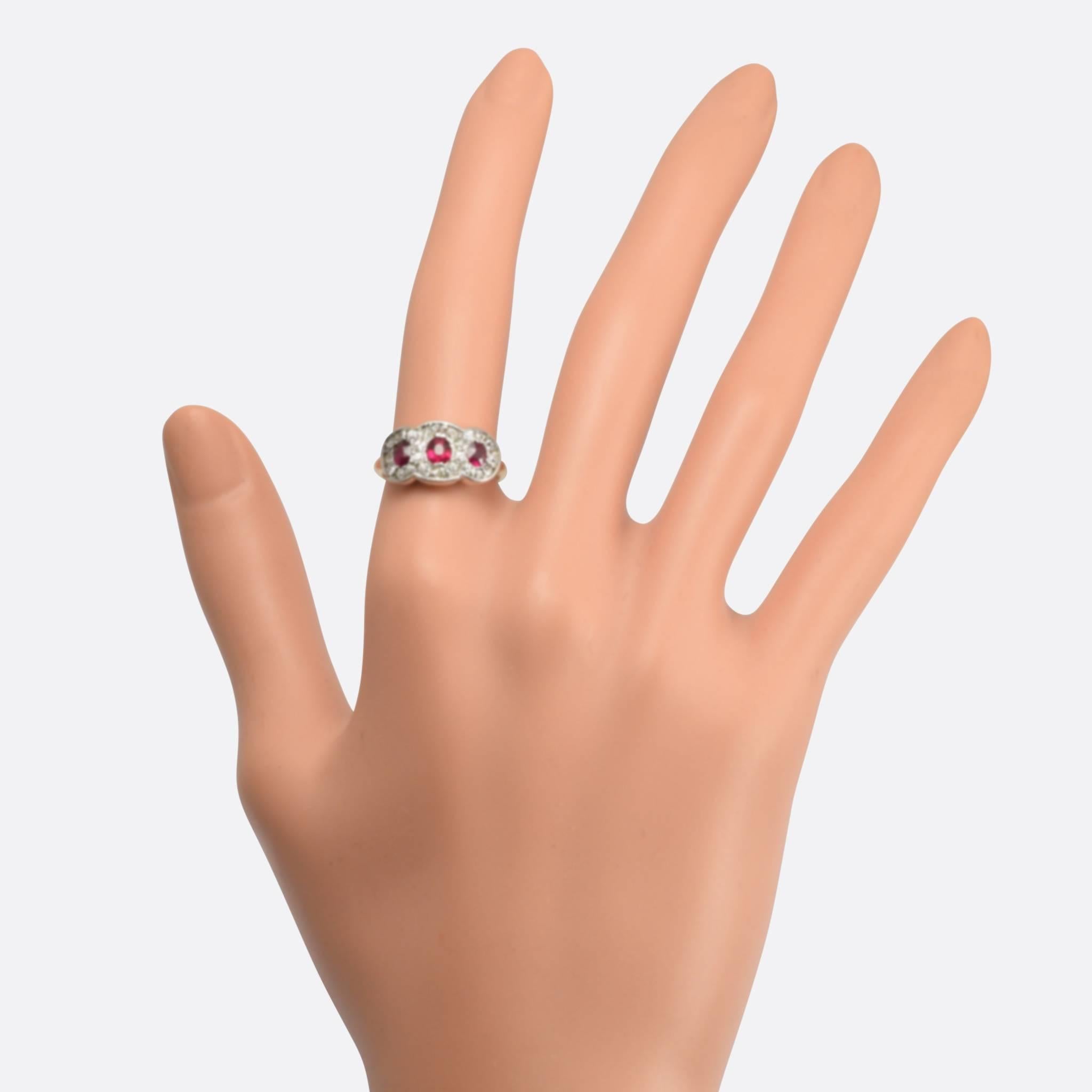 Edwardian Ruby and Diamond Three-Stone Halo Ring 1