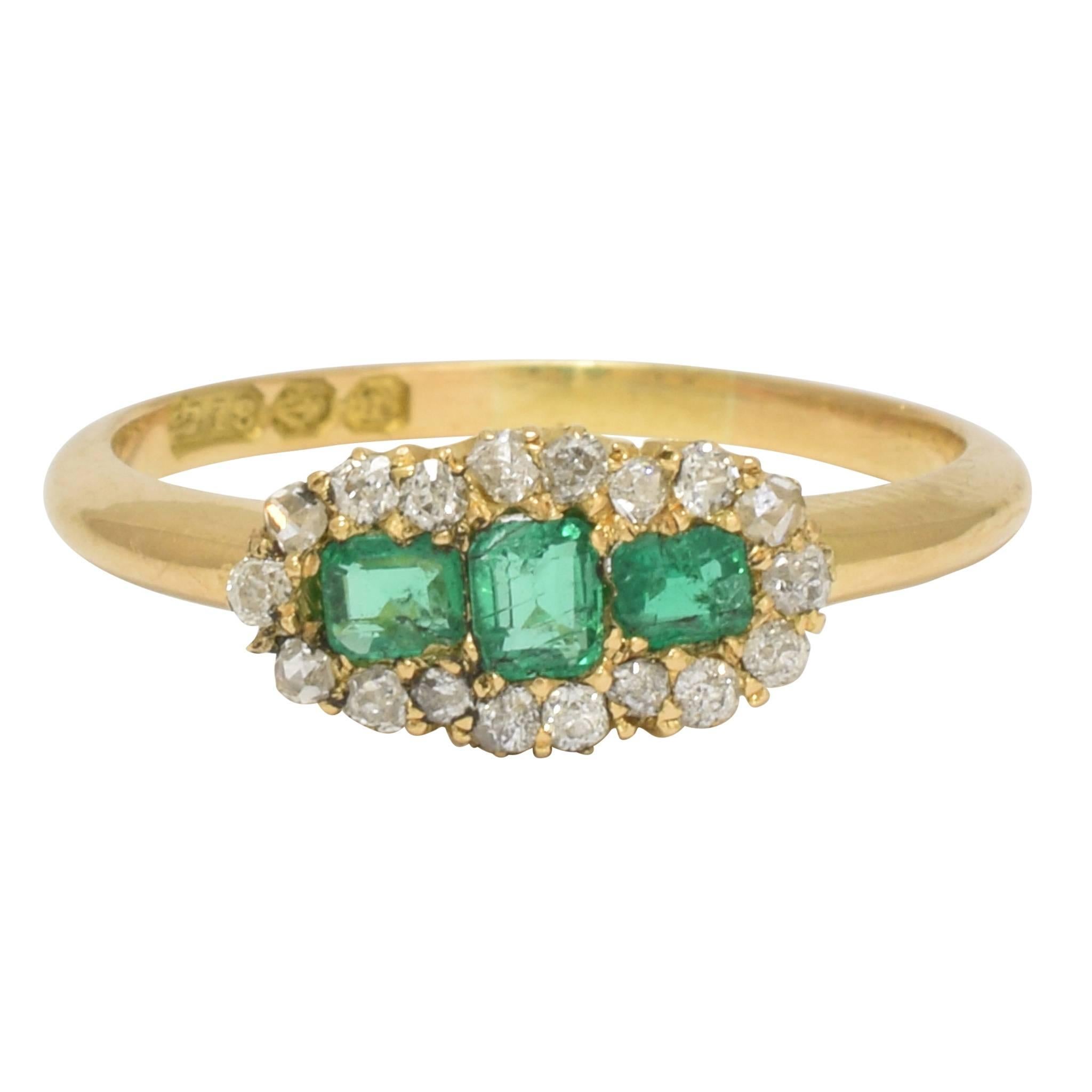 Antique Victorian Emerald Diamond Three-Stone Cluster Ring