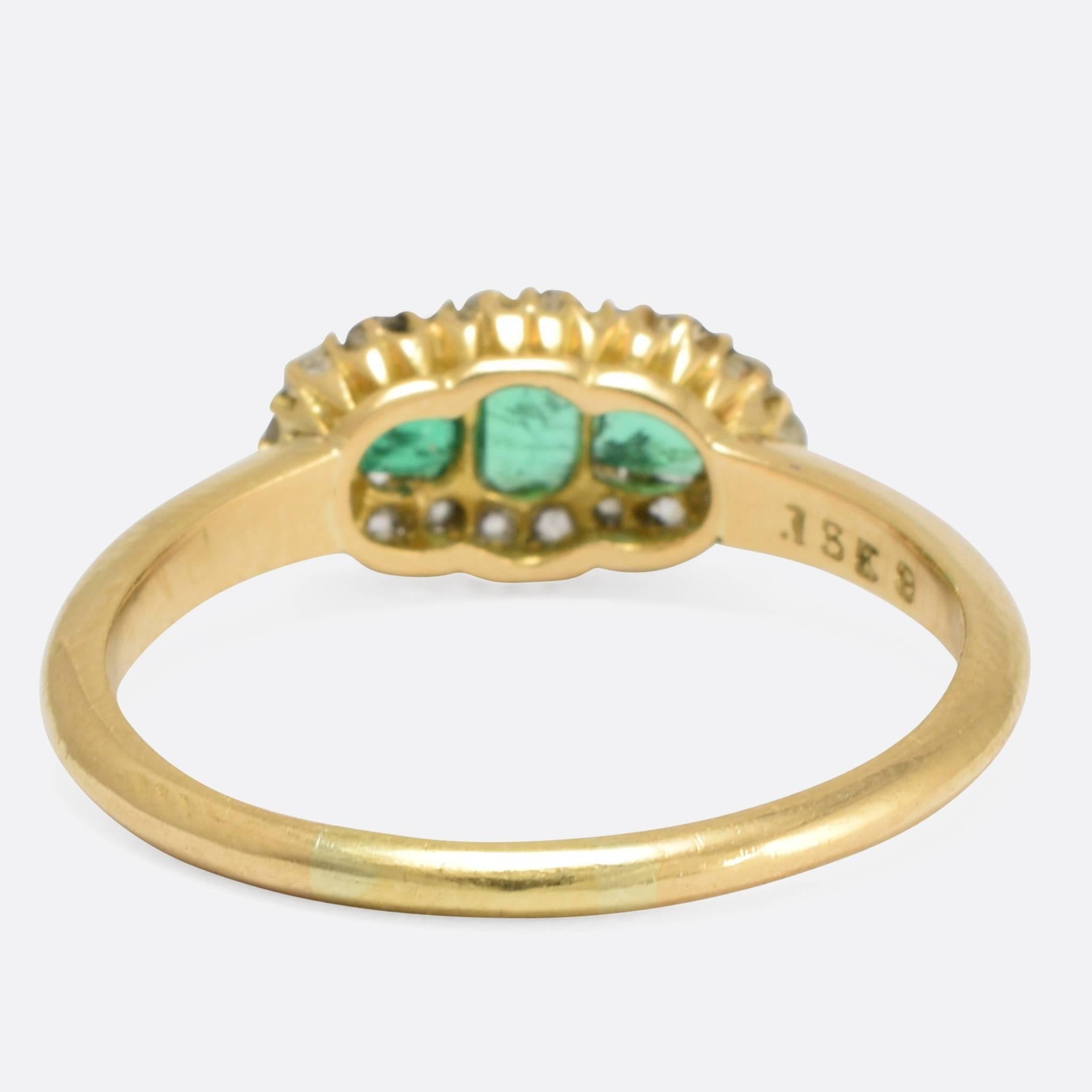 Late Victorian Antique Victorian Emerald Diamond Three-Stone Cluster Ring