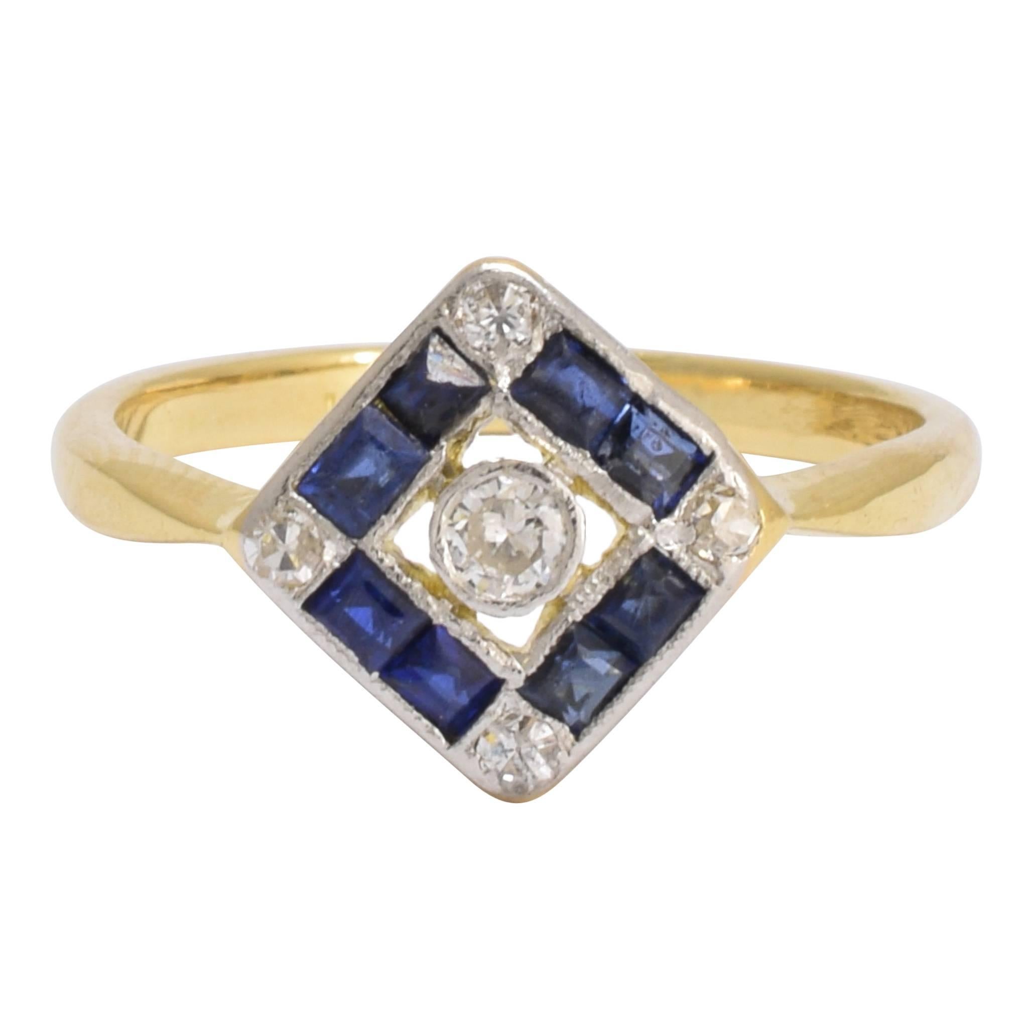 Art Deco Sapphire Diamond Square Cluster Ring