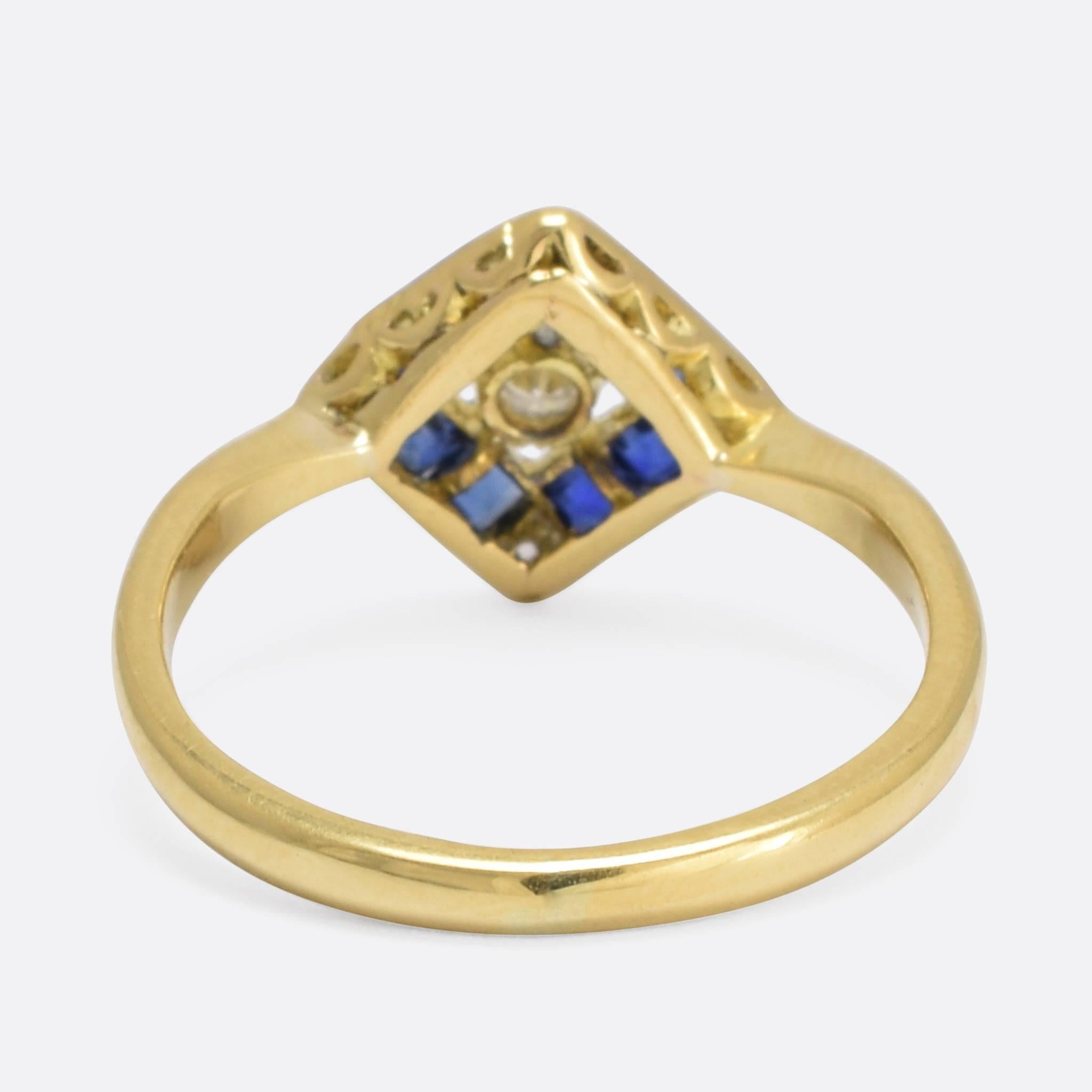 Art Deco Sapphire Diamond Square Cluster Ring In Excellent Condition In Sale, Cheshire