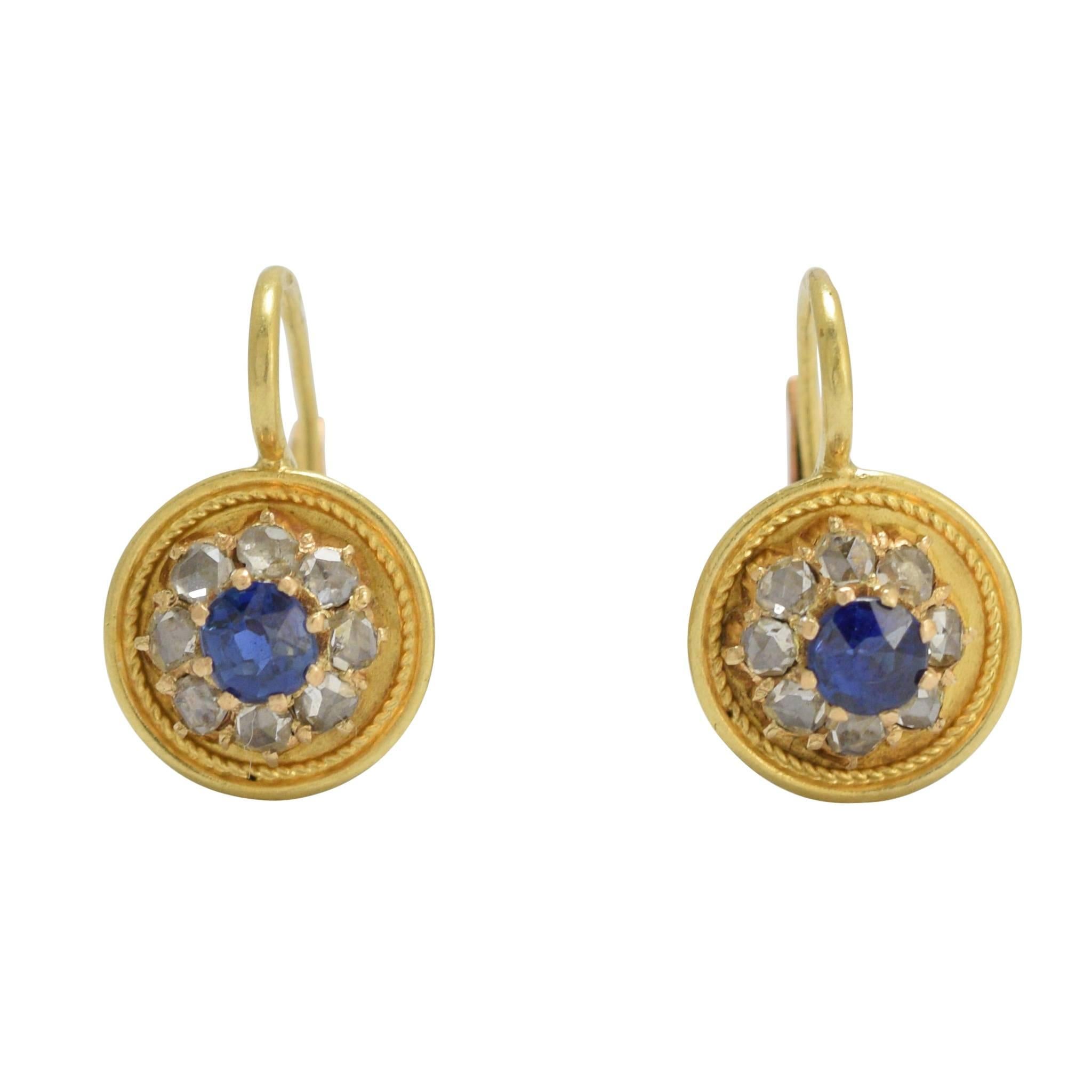 Antique Etruscan Revival Sapphire Diamond Cluster Earrings