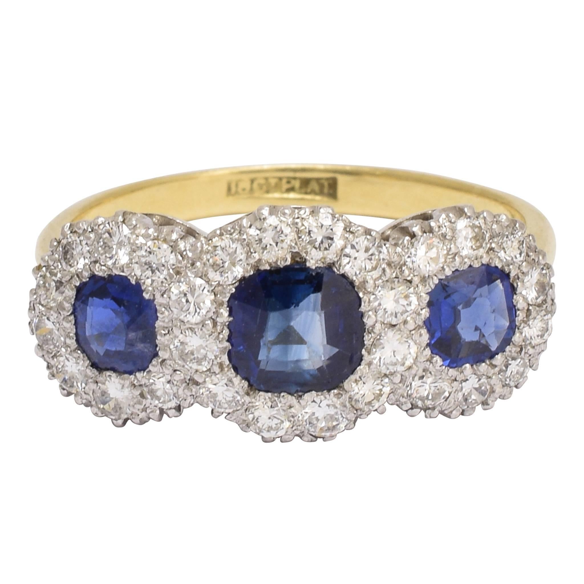 Antique Edwardian Blue Sapphire Diamond Three-Stone Cluster Ring