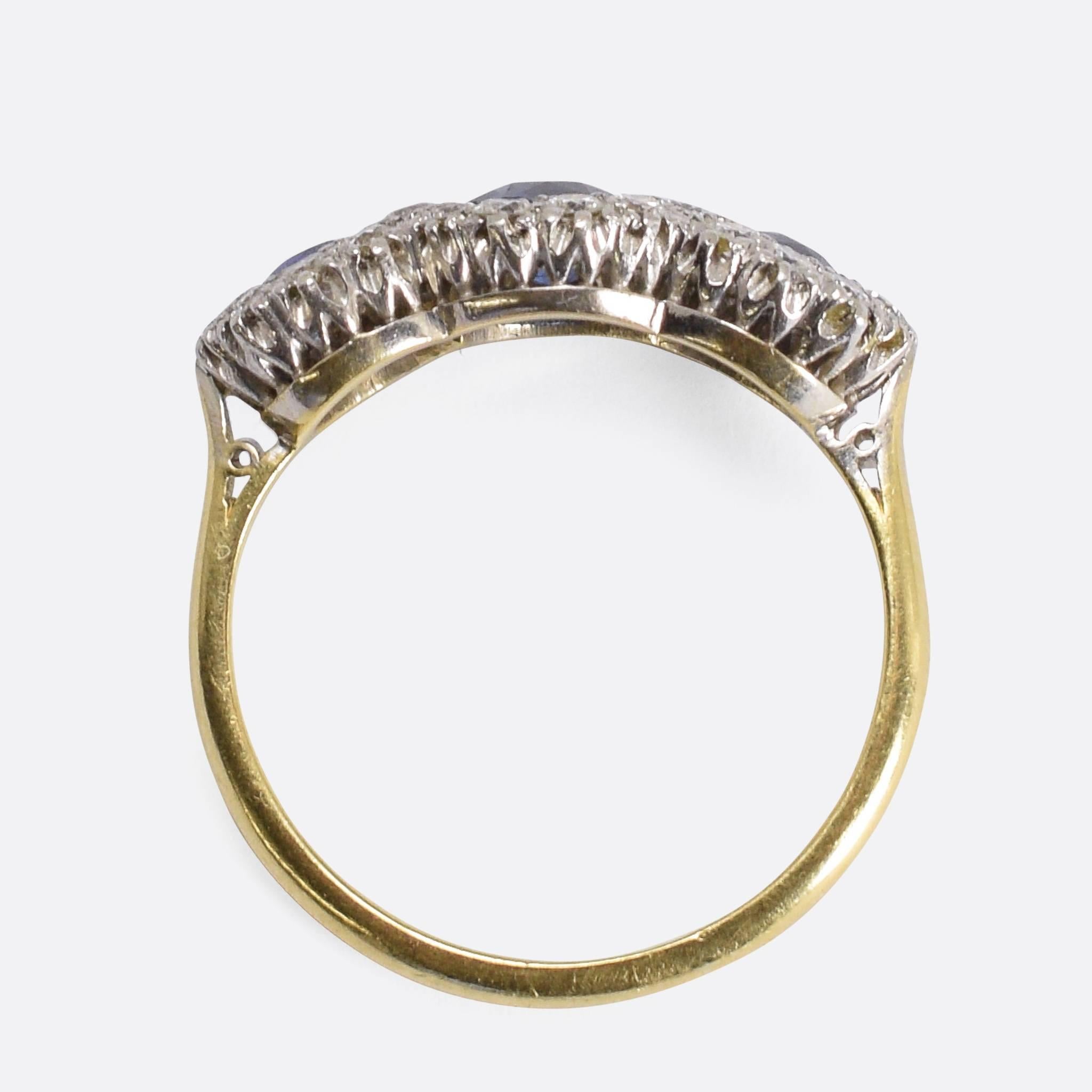 Women's Antique Edwardian Blue Sapphire Diamond Three-Stone Cluster Ring