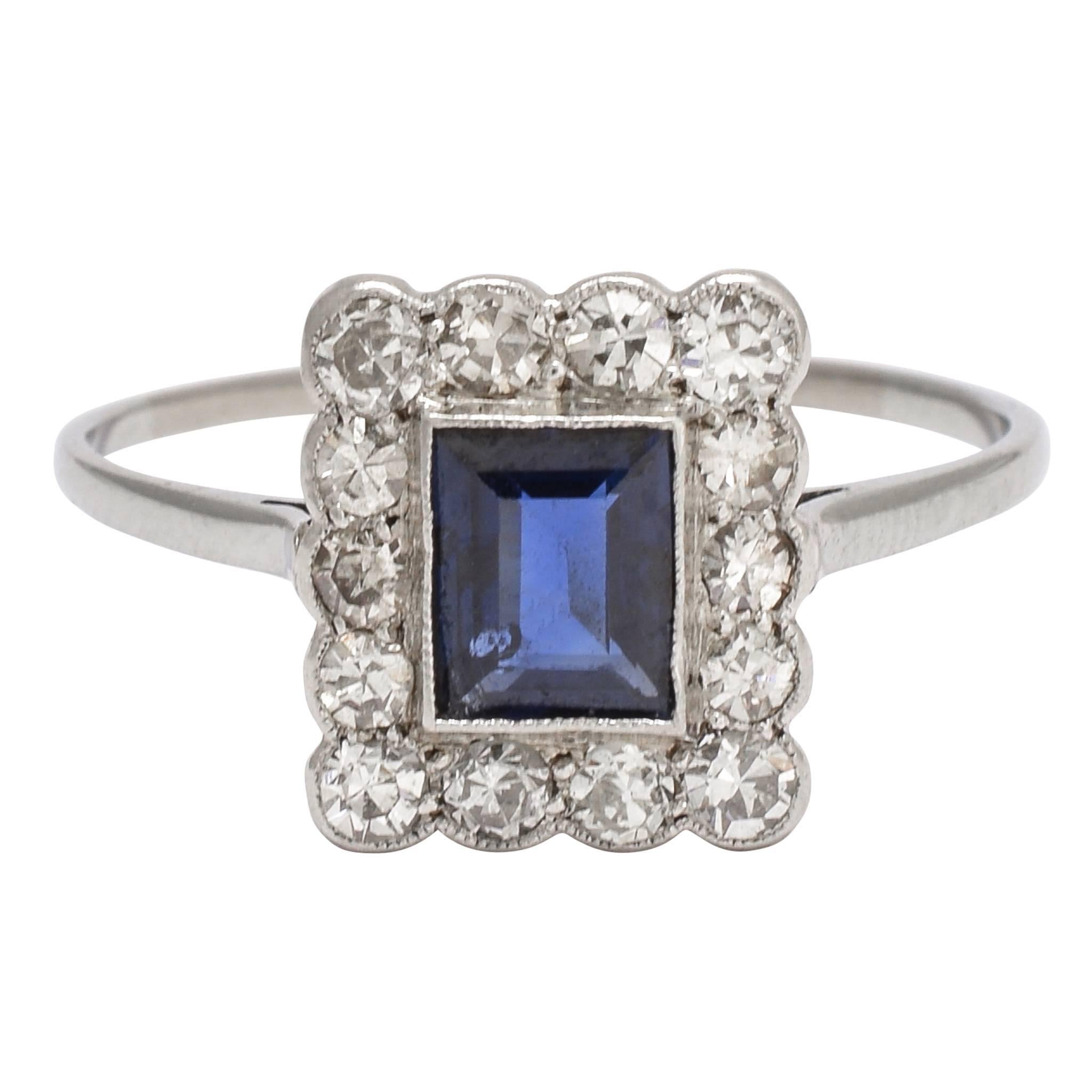 Edwardian Blue Sapphire and Diamond "Picture Frame" Ring