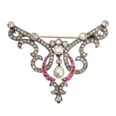 Late Victorian Diamond Ruby Pearl Brooch