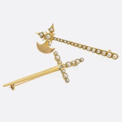 Pair of Victorian Pearl-Set Brooches; Battle-Axe and Longsword