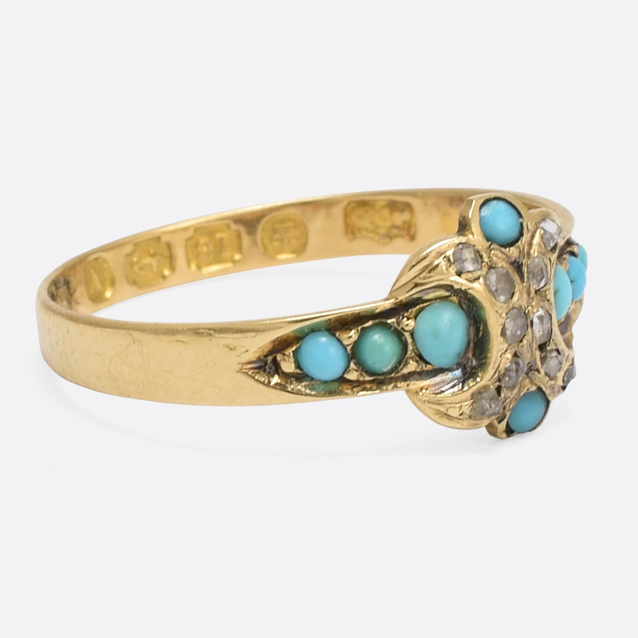 A stylish antique turquoise and diamond ring that won't break the bank. It's modelled in 18k gold, and fully hallmarked from the Birmingham assay office - dated 1870. Graduated turquoise cabochons draw the eye to the X-shaped head, which is set with