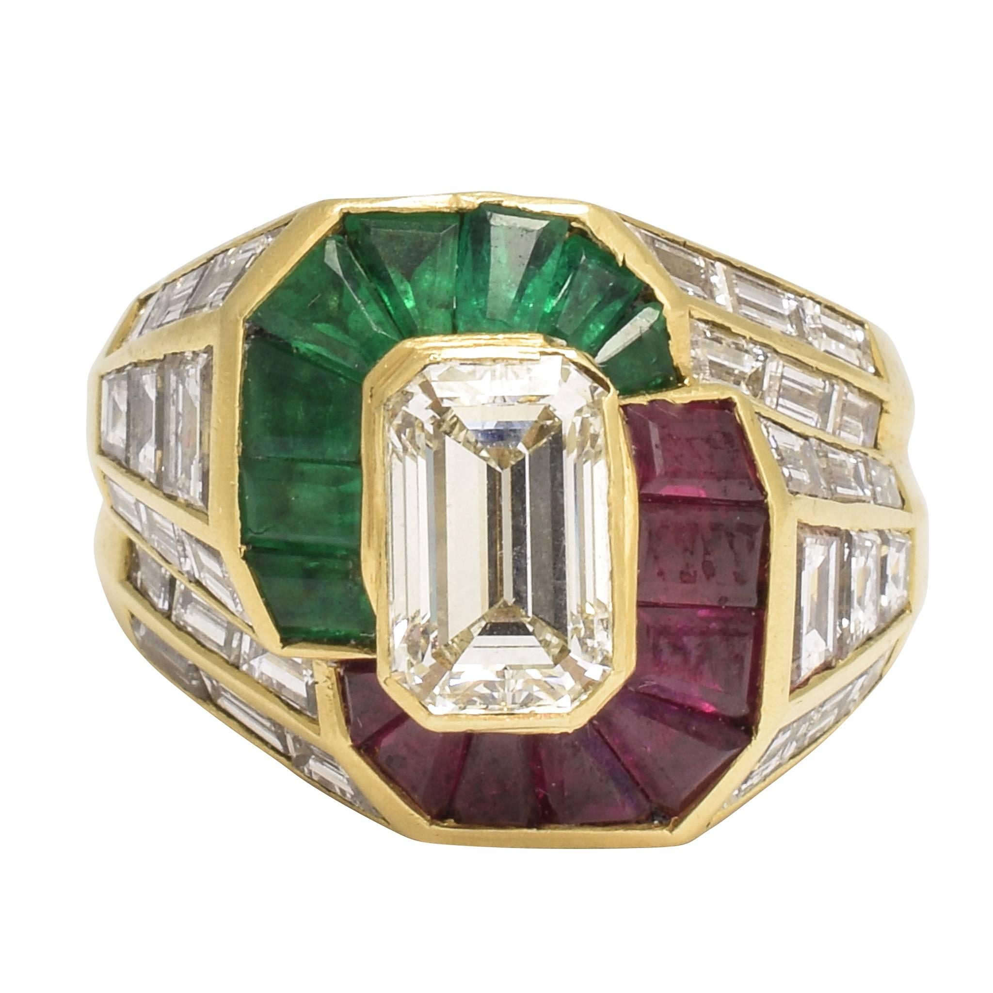1980s Diamond Emerald Ruby Cocktail Ring