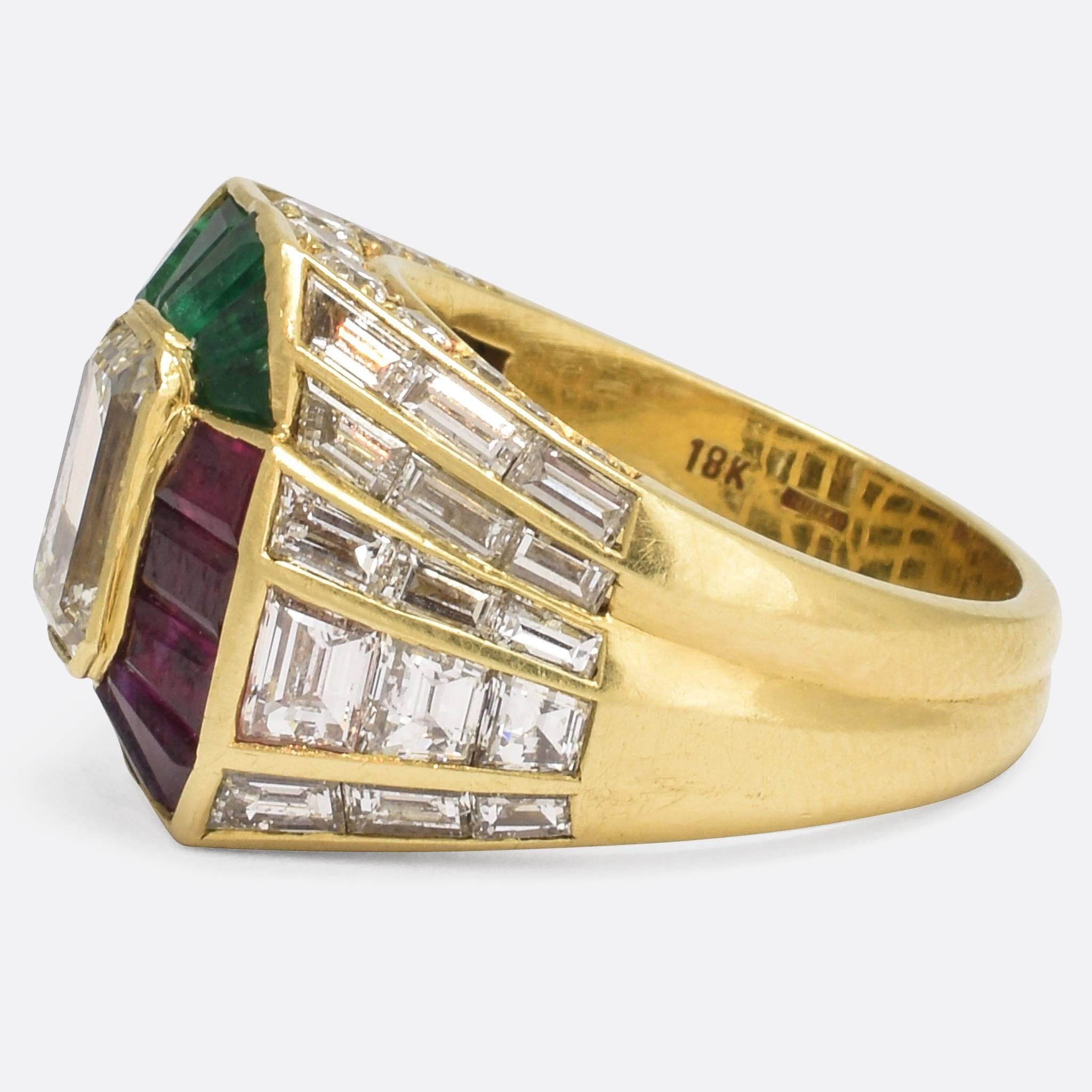 Art Deco 1980s Diamond Emerald Ruby Cocktail Ring
