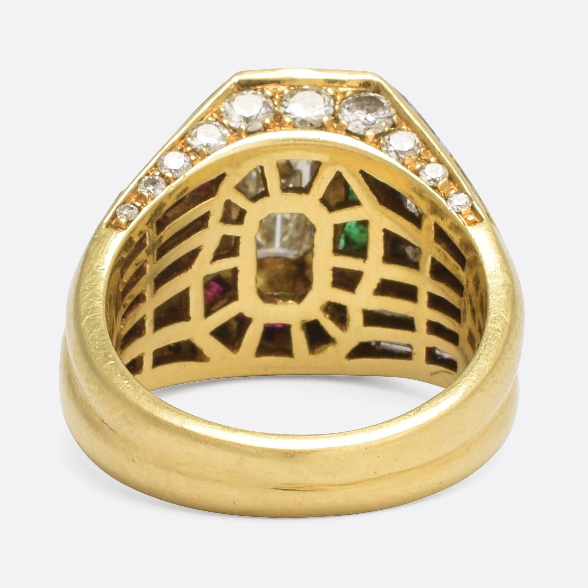 Emerald Cut 1980s Diamond Emerald Ruby Cocktail Ring