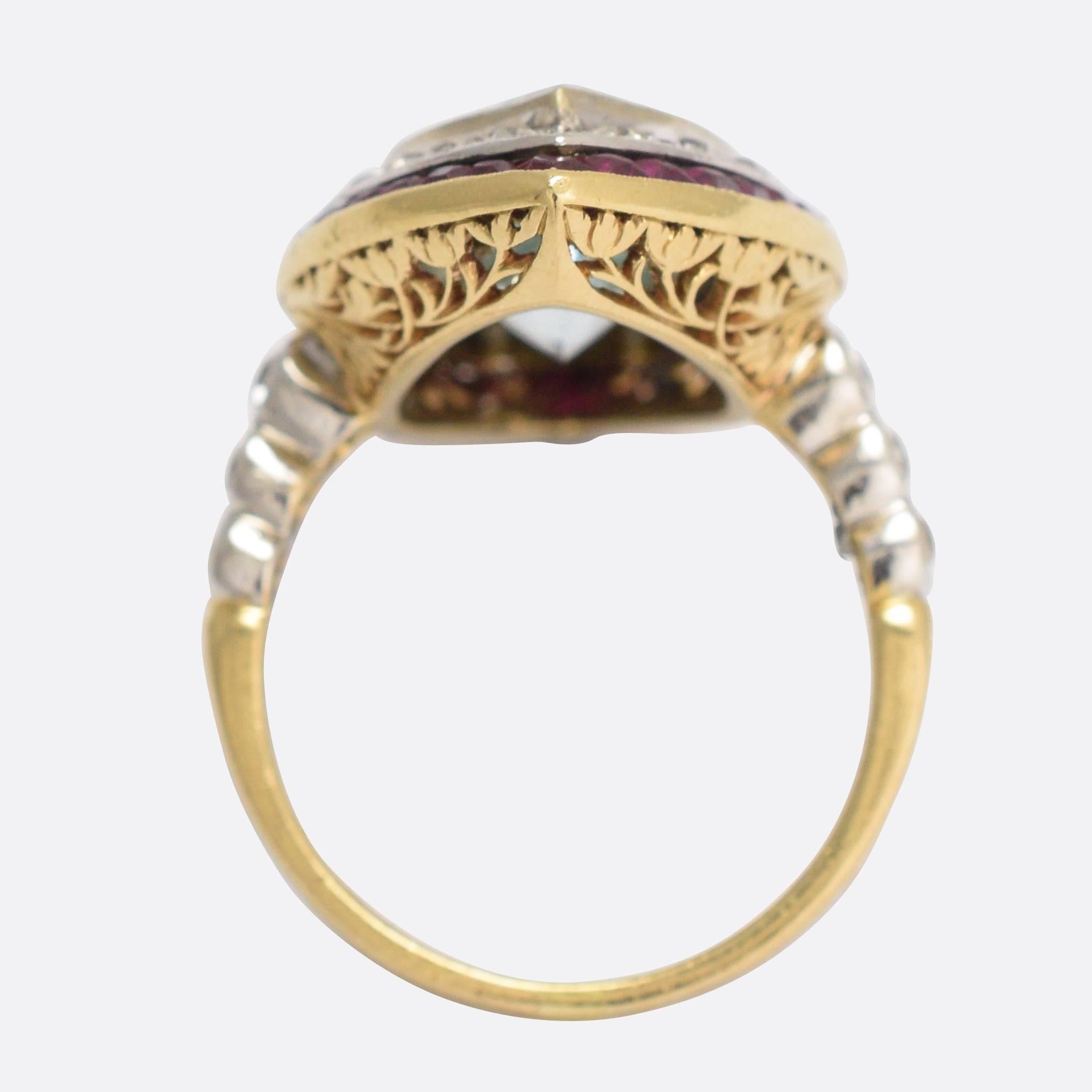 Antique Edwardian 7.82 Carat Aquamarine Diamond Ruby Marquise Halo Ring 1