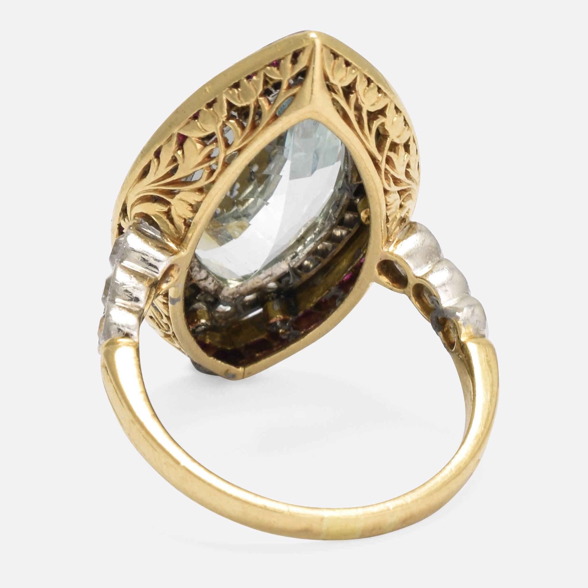 Women's Antique Edwardian 7.82 Carat Aquamarine Diamond Ruby Marquise Halo Ring