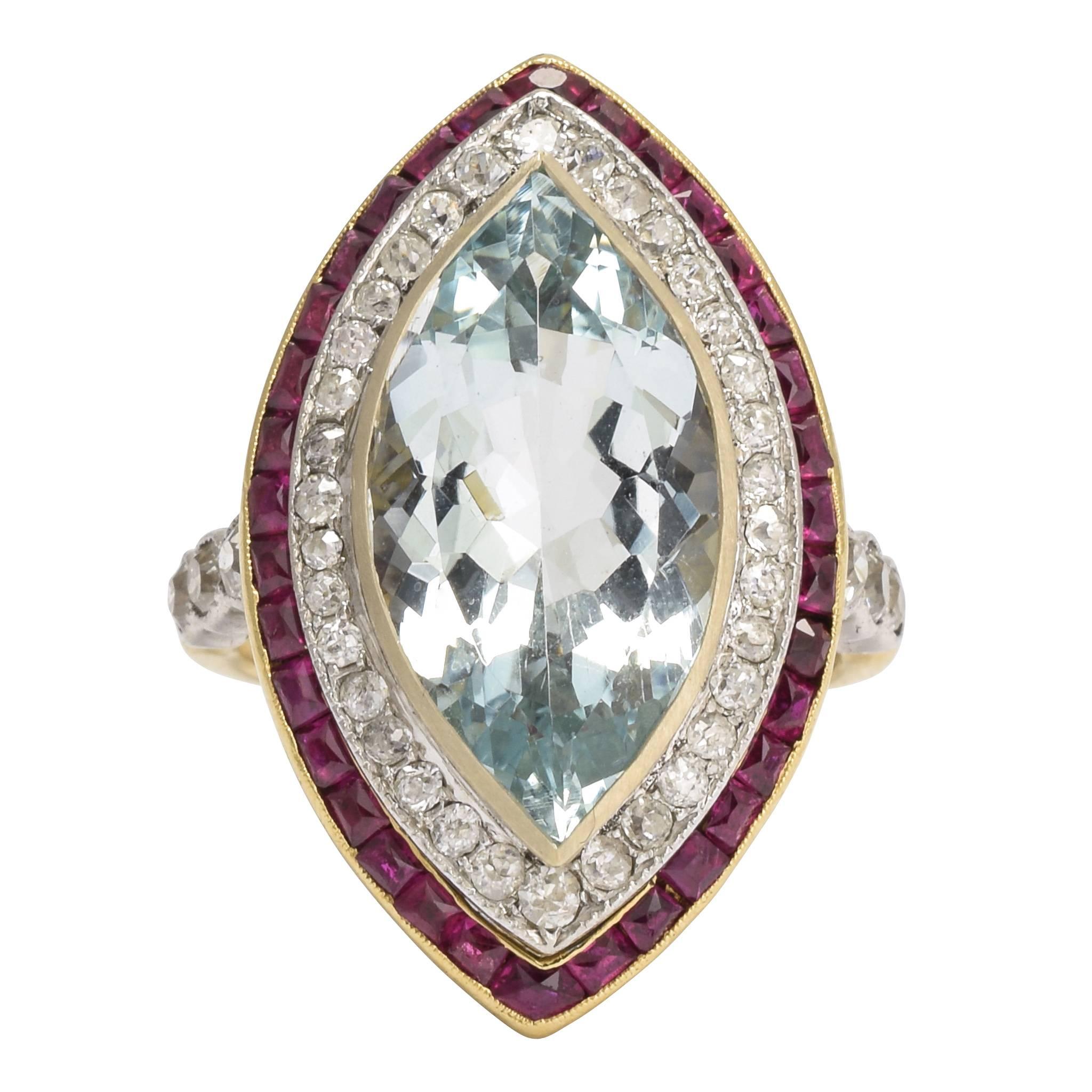 Antique Edwardian 7.82 Carat Aquamarine Diamond Ruby Marquise Halo Ring