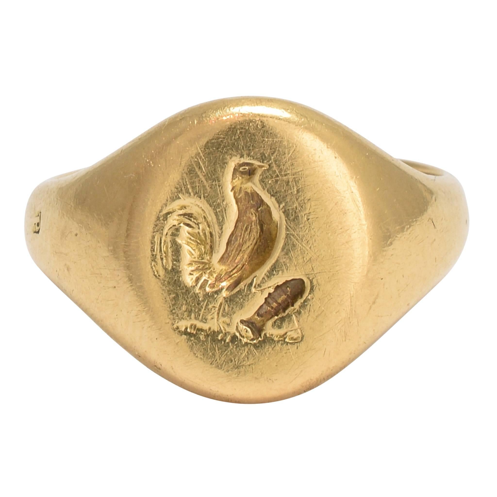 Antique Edwardian Rooster Intaglio Gold Signet Ring